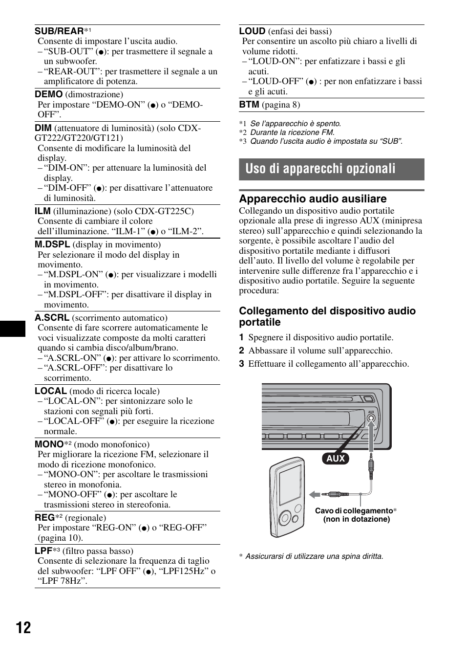 Uso di apparecchi opzionali, Apparecchio audio ausiliare | Sony CDX-GT225C User Manual | Page 70 / 100