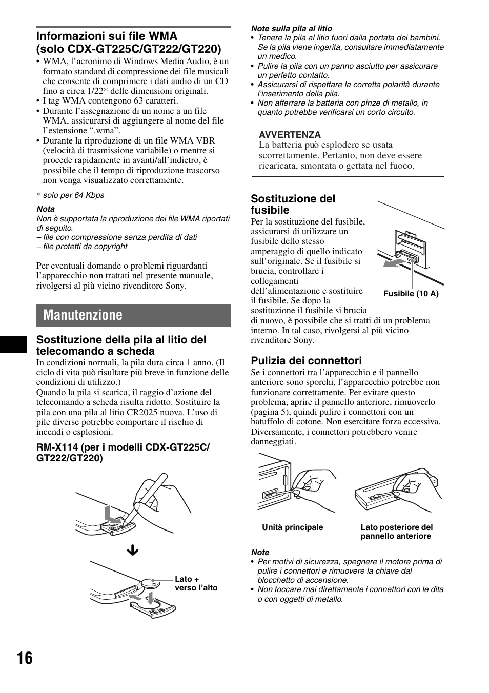 Manutenzione, Informazioni sui file wma, Solo cdx-gt225c/gt222/gt220) | Sony CDX-GT225C User Manual | Page 74 / 100