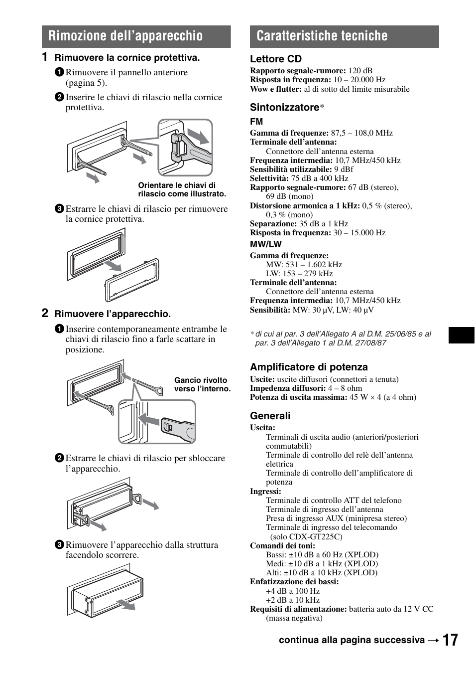 Rimozione dell’apparecchio, Caratteristiche tecniche | Sony CDX-GT225C User Manual | Page 75 / 100