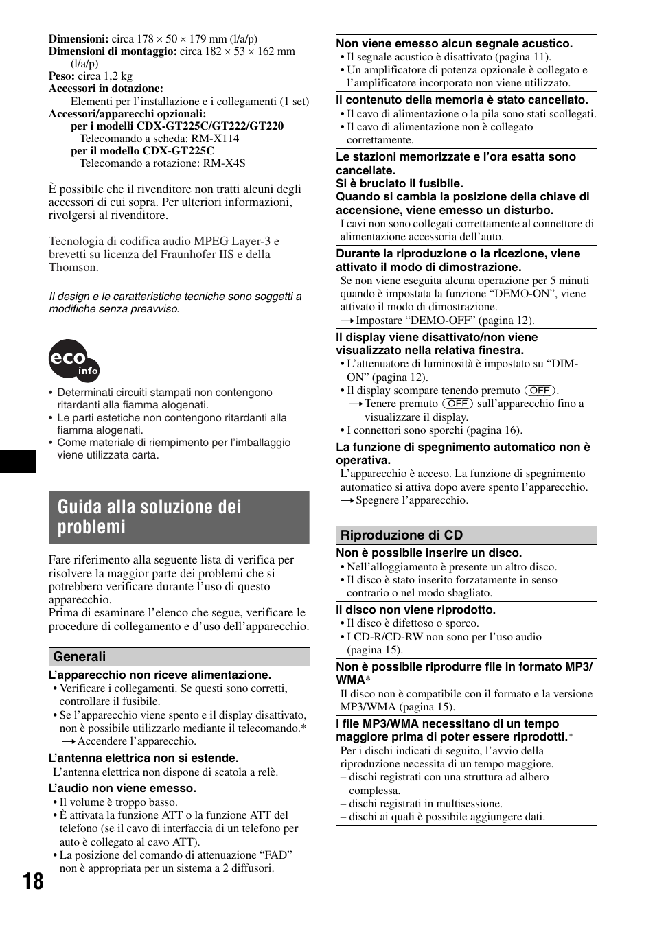 Guida alla soluzione dei problemi | Sony CDX-GT225C User Manual | Page 76 / 100