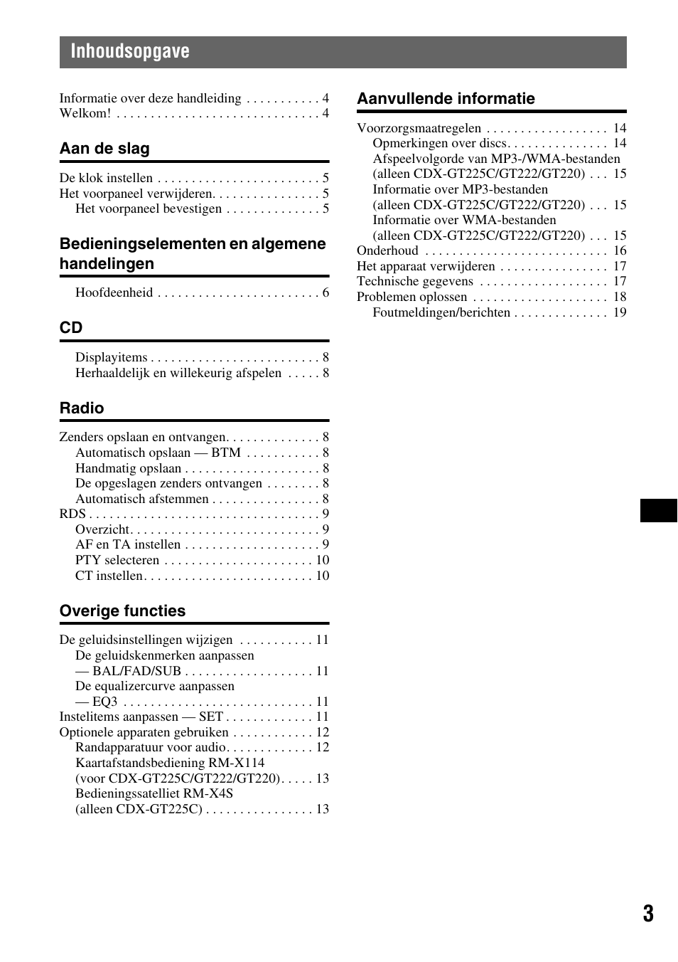 Inhoudsopgave | Sony CDX-GT225C User Manual | Page 81 / 100