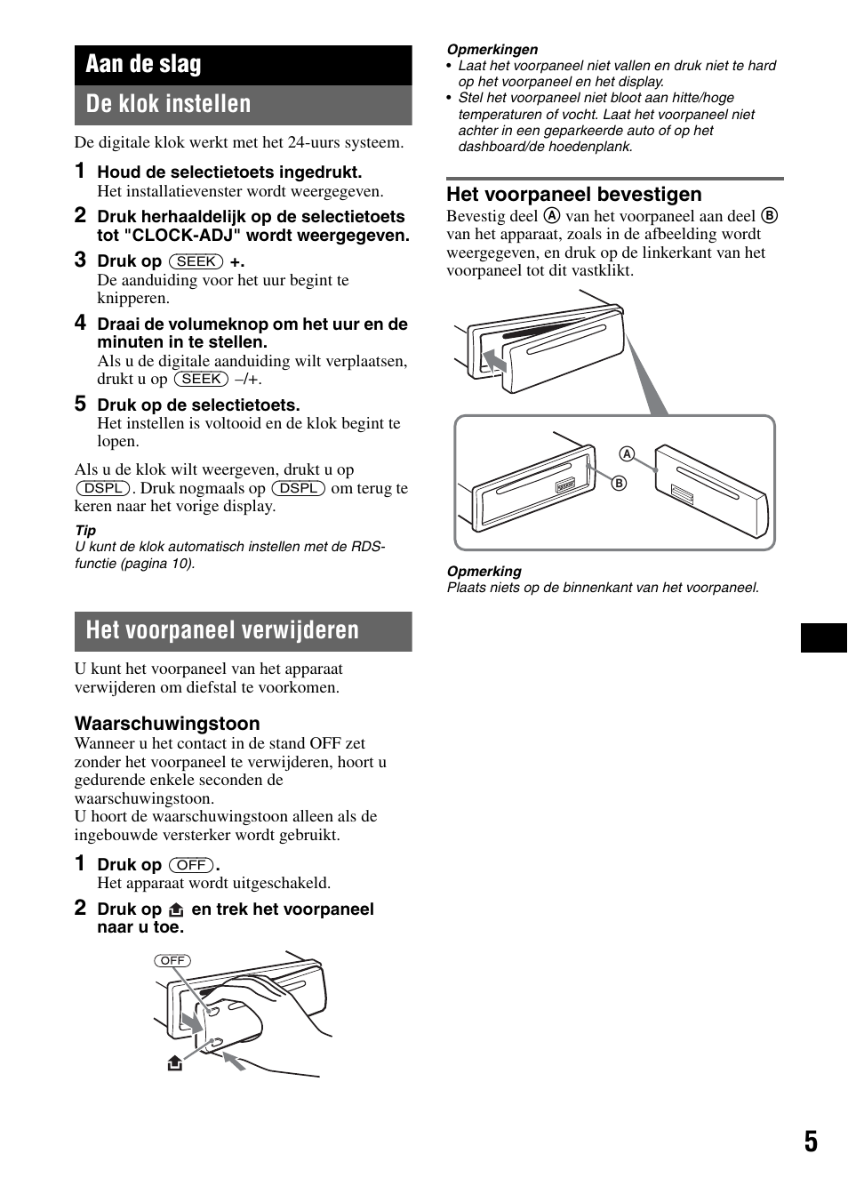 Aan de slag, De klok instellen, Het voorpaneel verwijderen | Het voorpaneel bevestigen, De klok instellen het voorpaneel verwijderen, Aan de slag de klok instellen | Sony CDX-GT225C User Manual | Page 83 / 100