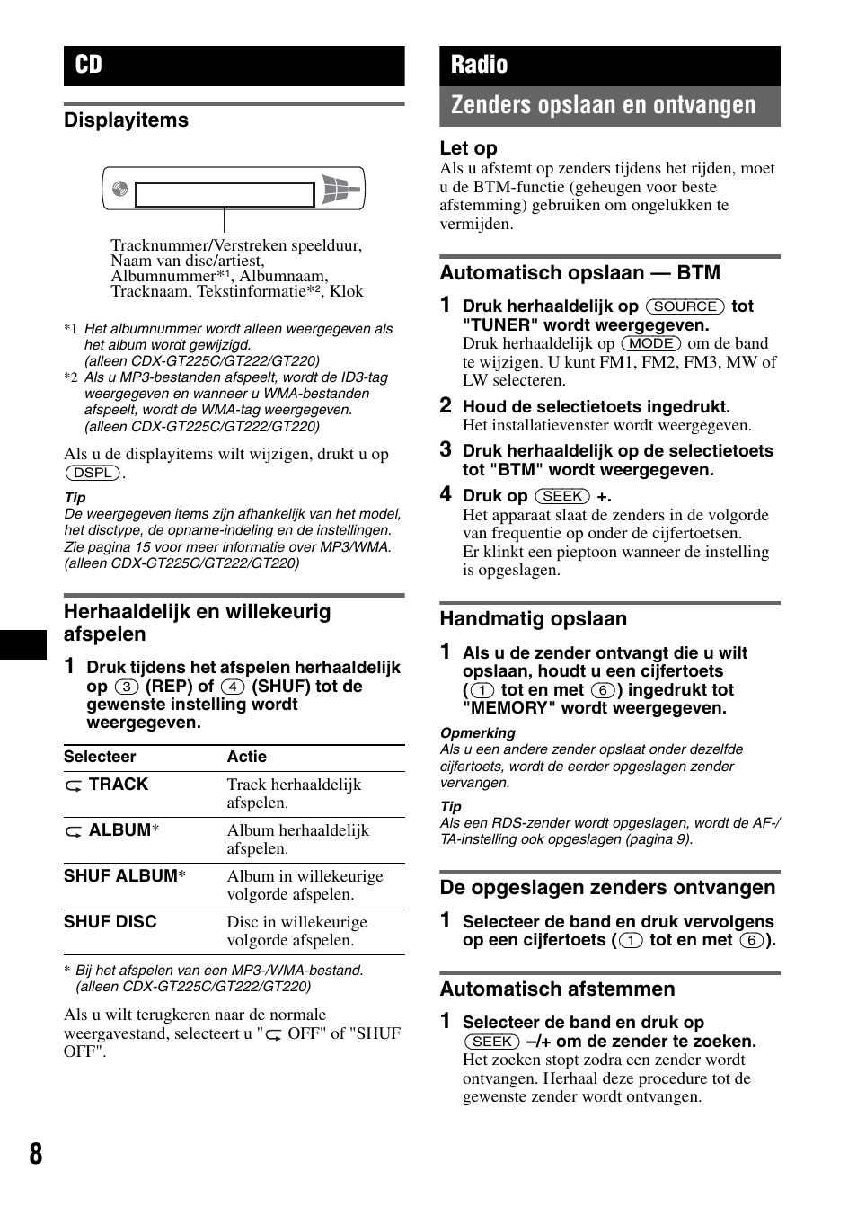 Displayitems, Herhaaldelijk en willekeurig afspelen, Radio | Zenders opslaan en ontvangen, Automatisch opslaan - btm, Handmatig opslaan, De opgeslagen zenders ontvangen, Automatisch afstemmen, Displayitems herhaaldelijk en willekeurig afspelen, Radio zenders opslaan en ontvangen | Sony CDX-GT225C User Manual | Page 86 / 100