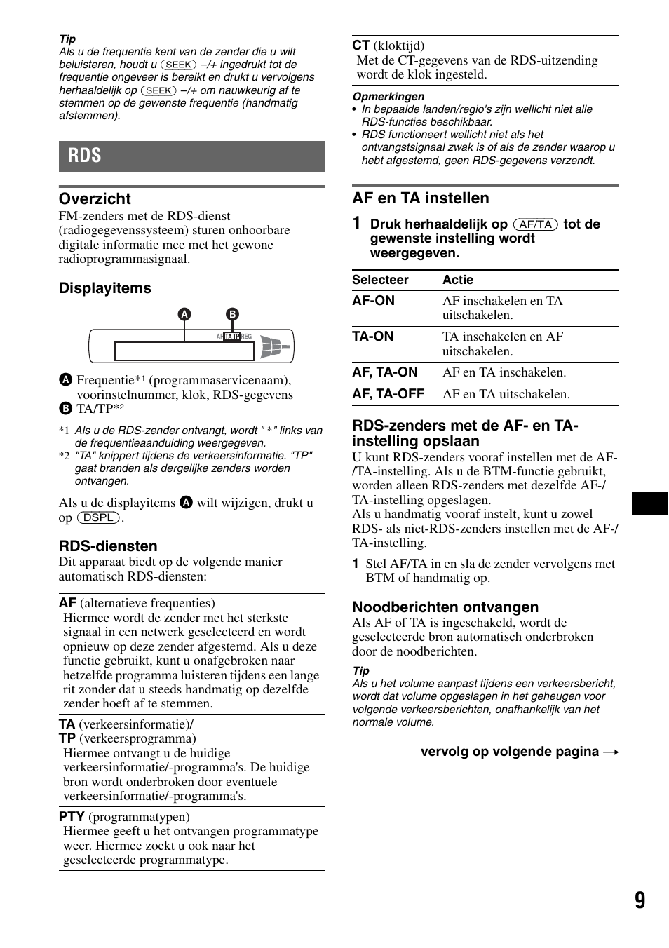 Overzicht, Af en ta instellen, Overzicht af en ta instellen | Sony CDX-GT225C User Manual | Page 87 / 100