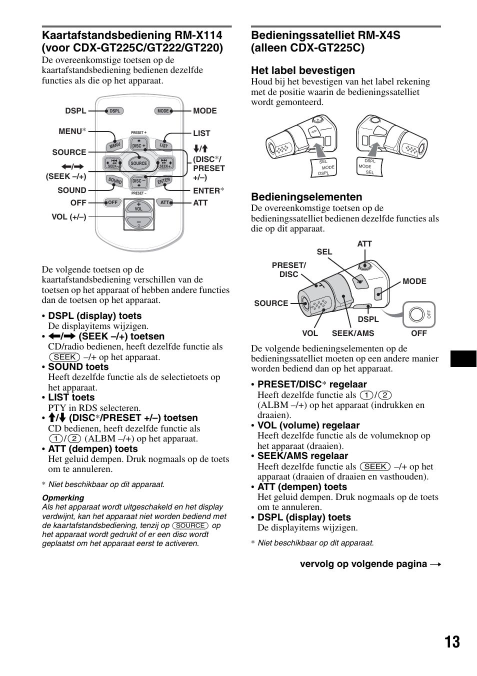 Bedieningssatelliet rm-x4s (alleen cdx-gt225c), Kaartafstandsbediening rm-x114, Alleen cdx-gt225c) | Het label bevestigen, Bedieningselementen, Vervolg op volgende pagina t | Sony CDX-GT225C User Manual | Page 91 / 100