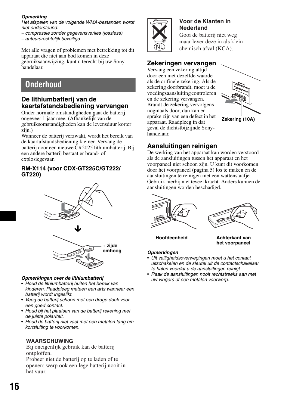 Onderhoud | Sony CDX-GT225C User Manual | Page 94 / 100