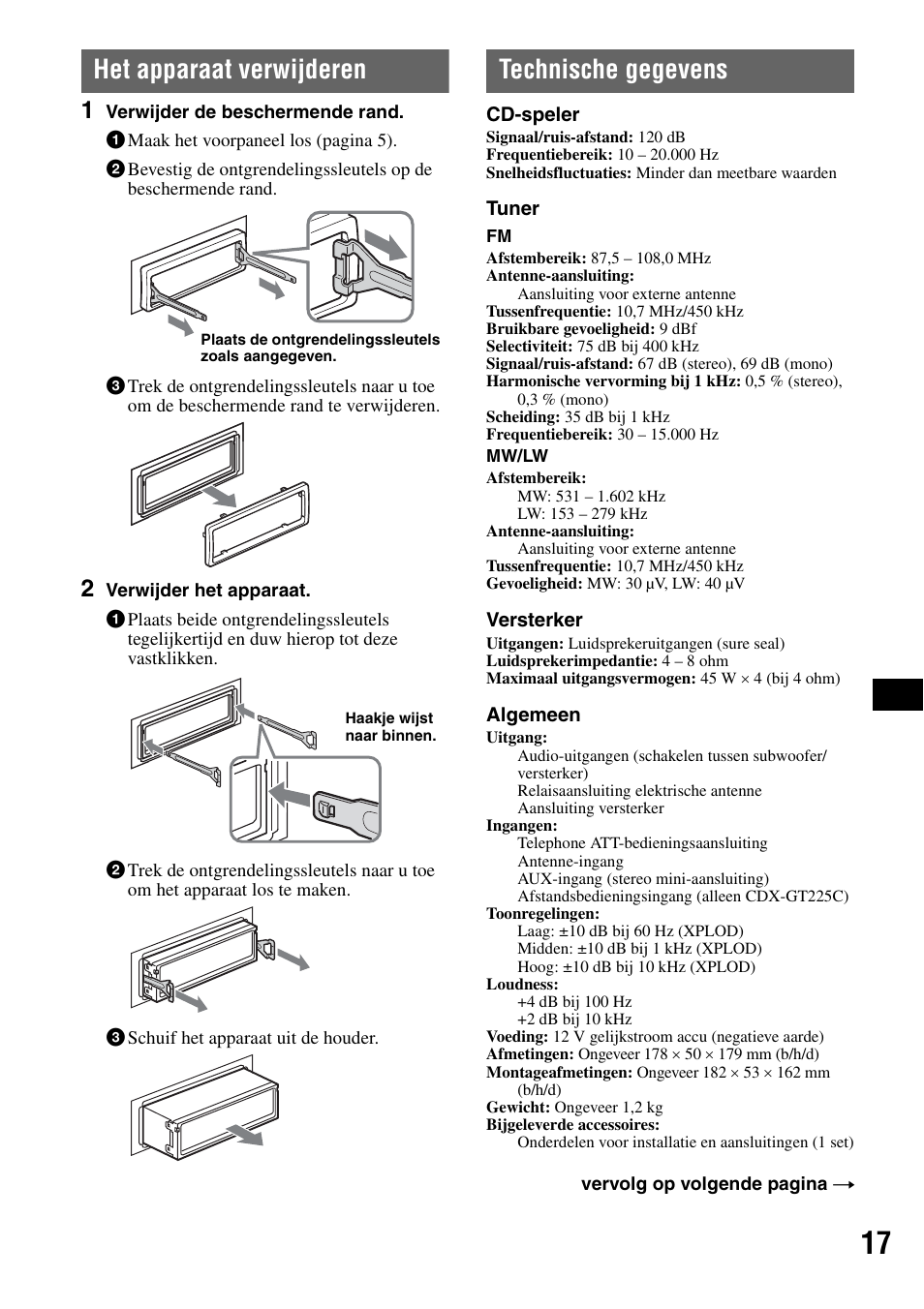Het apparaat verwijderen, Technische gegevens, Het apparaat verwijderen technische gegevens | Sony CDX-GT225C User Manual | Page 95 / 100