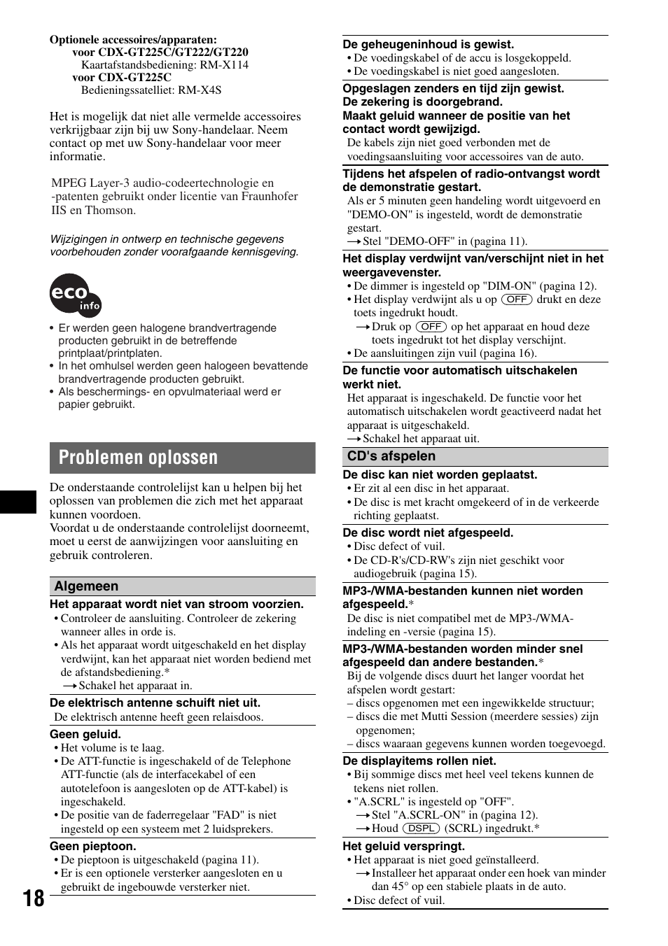 Problemen oplossen | Sony CDX-GT225C User Manual | Page 96 / 100