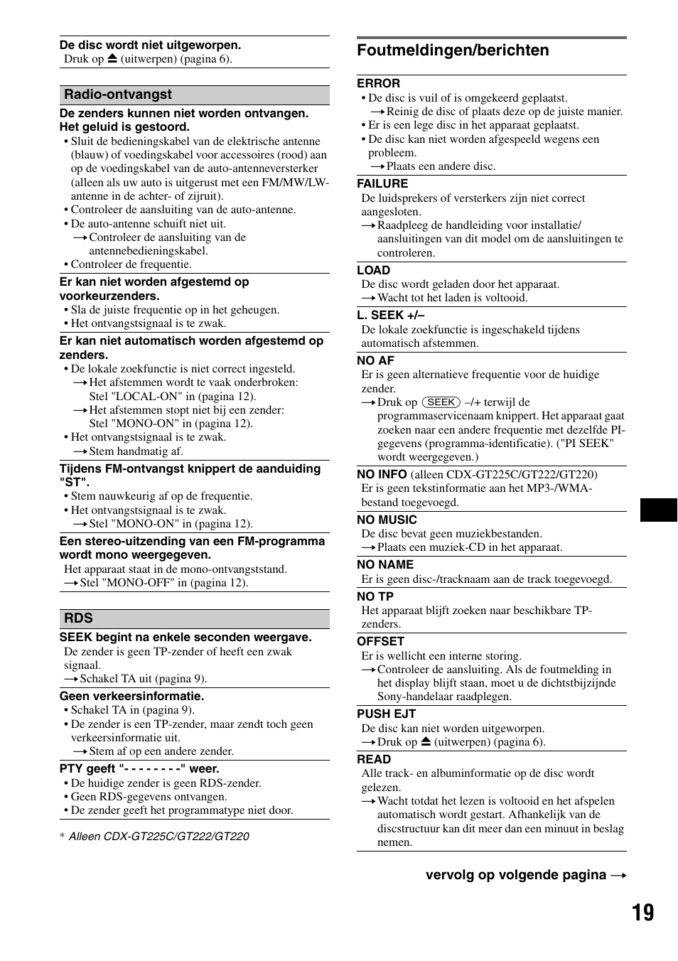Foutmeldingen/berichten | Sony CDX-GT225C User Manual | Page 97 / 100