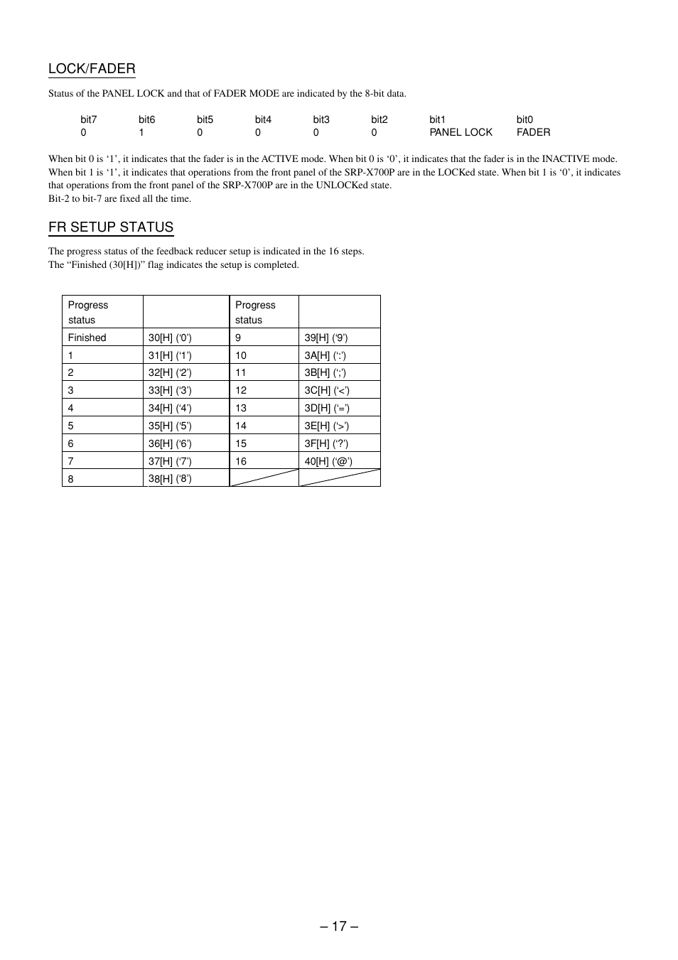 17 – lock/fader, Fr setup status | Sony SRP-X700P User Manual | Page 17 / 54