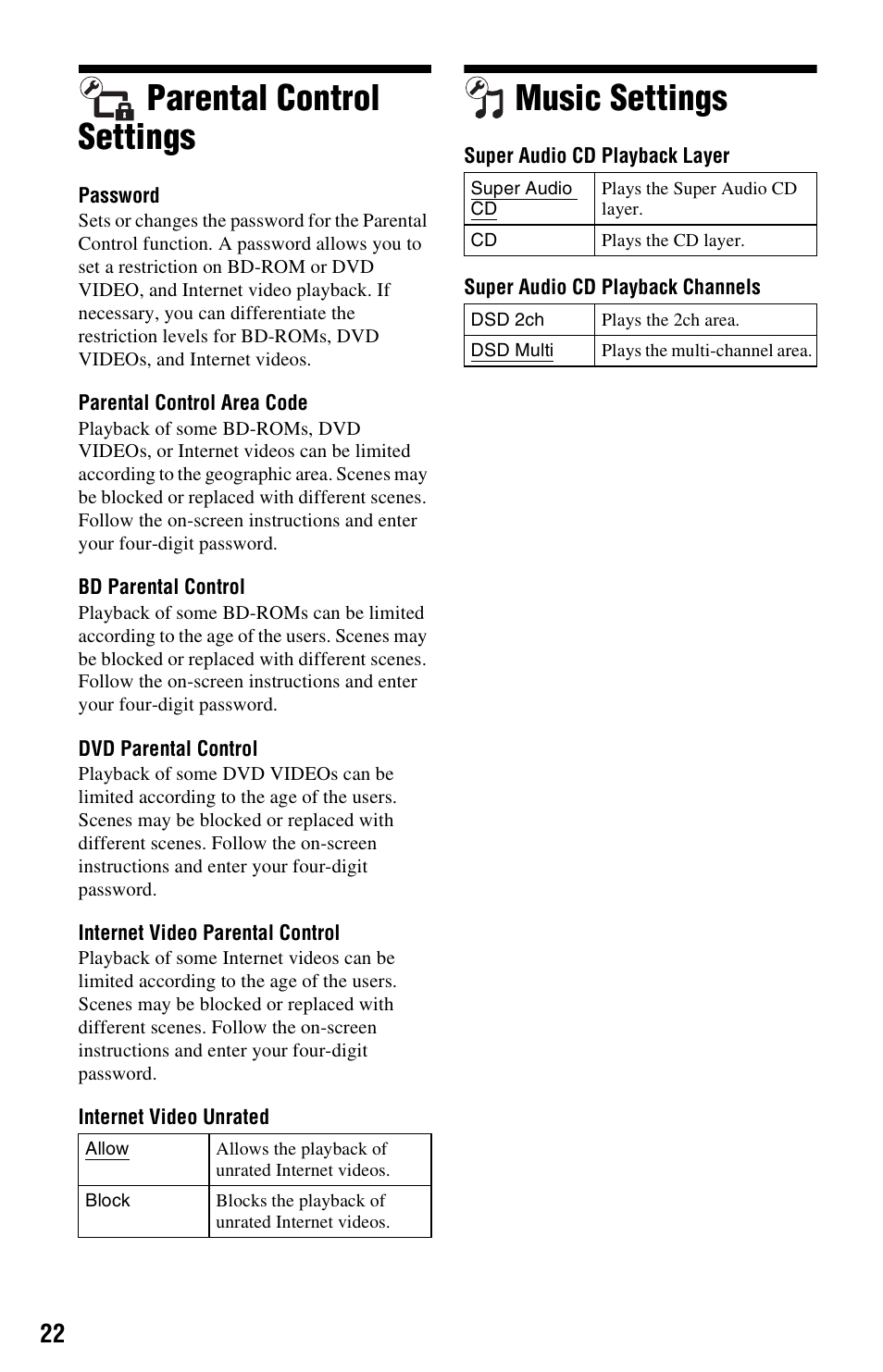 Parental control settings, Music settings, Parental control settings music settings | Sony 4-169-142-13(1) User Manual | Page 22 / 35