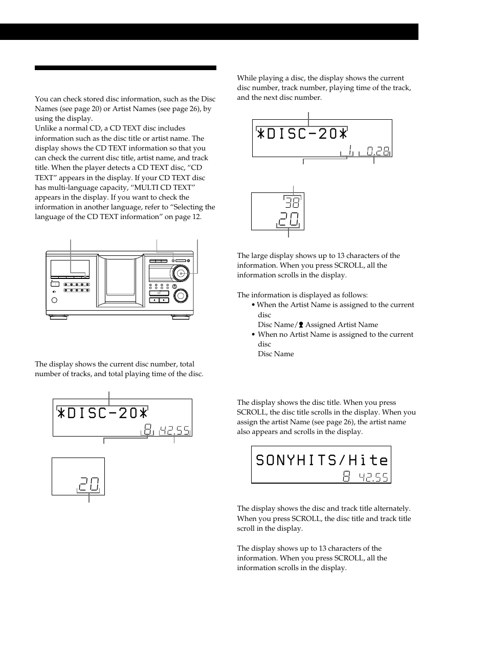 Using the display, Playing cds, Display information of the normal discs | Display information of cd text discs | Sony CDP-M333ES User Manual | Page 11 / 36
