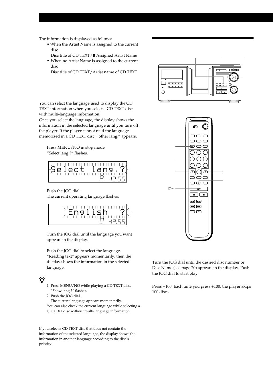Locating a specific disc, Playing cds, Locating a disc on the player | Selecting the language of the cd text information | Sony CDP-M333ES User Manual | Page 12 / 36