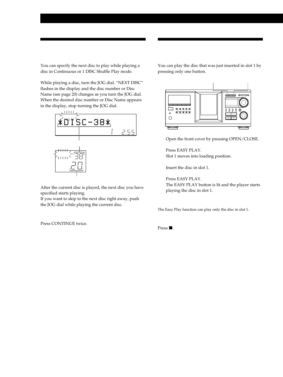 Specifying the next disc to play, Playing the disc just inserted (easy play), Playing cds | Sony CDP-M333ES User Manual | Page 14 / 36