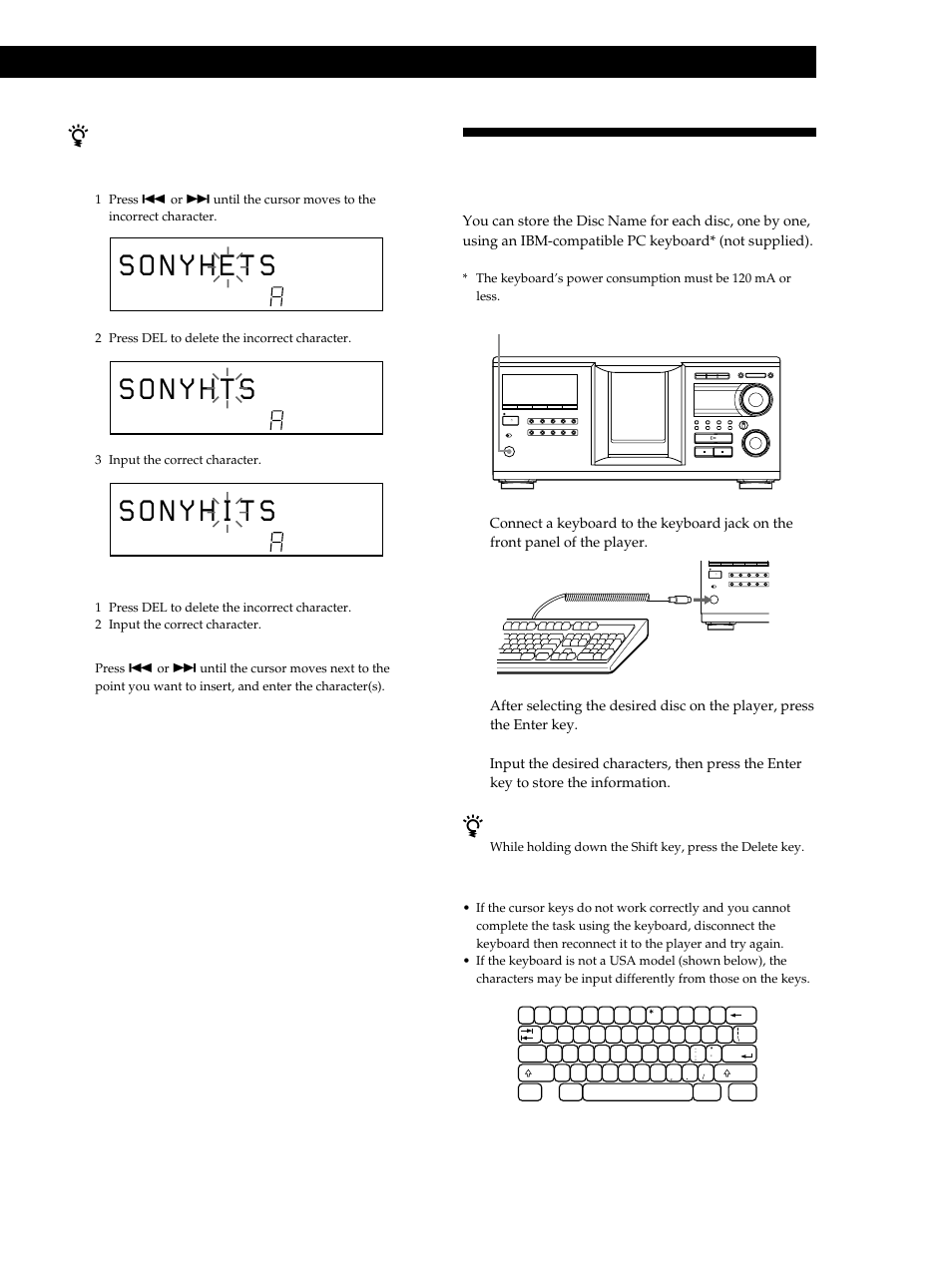 Storing custom file information using a keyboard, Storing information about cds (custom files), Storing information about cds (custom files) z | You can delete all characters of a selected item, I / 1 | Sony CDP-M333ES User Manual | Page 23 / 36