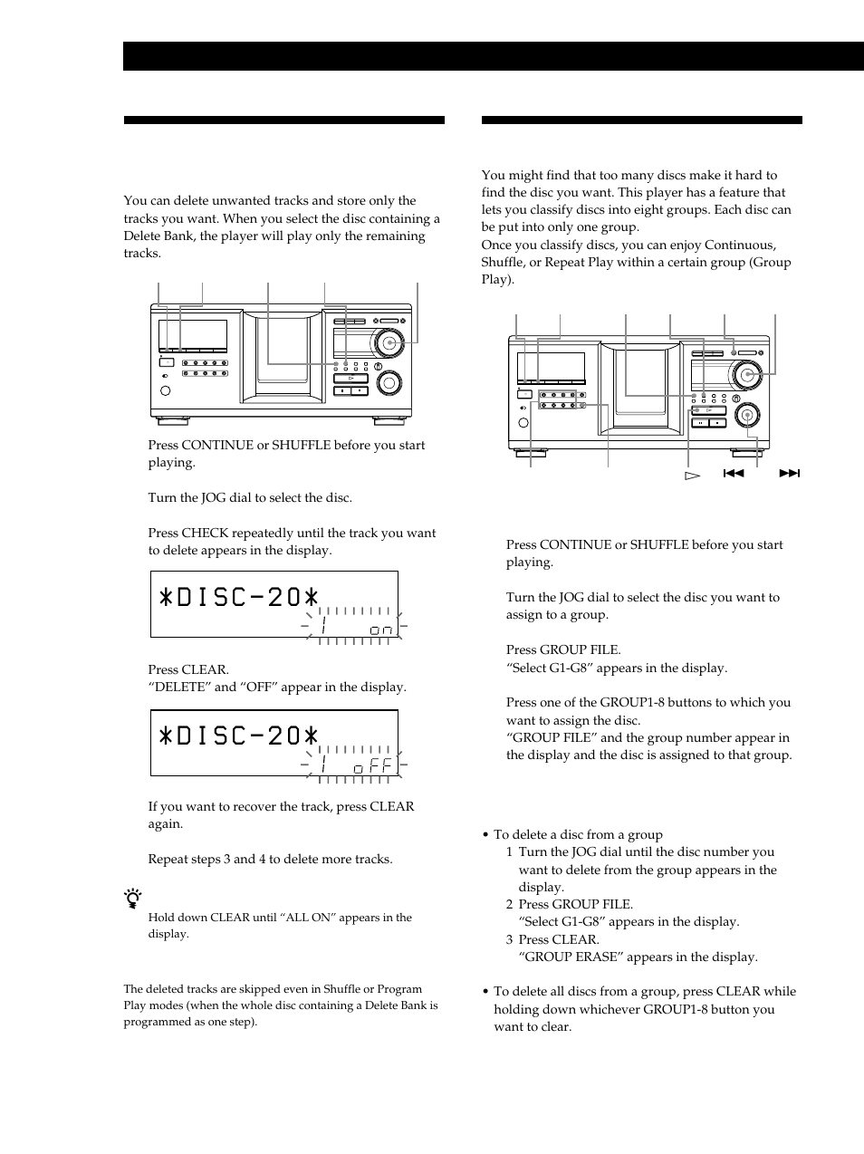 Storing specific tracks (delete bank), Grouping discs (group file), Storing information about cds (custom files) | Assigning discs to groups 1, Deleting discs from a group | Sony CDP-M333ES User Manual | Page 24 / 36