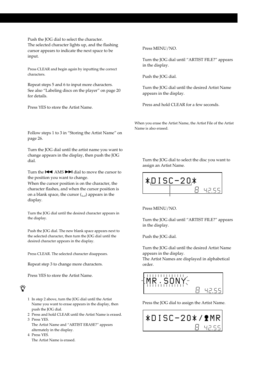 M r . s o n y, Storing information about cds (custom files), Storing information about cds (custom files) 6 | Changing the artist name 1, Erasing the artist name 1, Assigning an artist name to a disc (artist file) 1 | Sony CDP-M333ES User Manual | Page 27 / 36