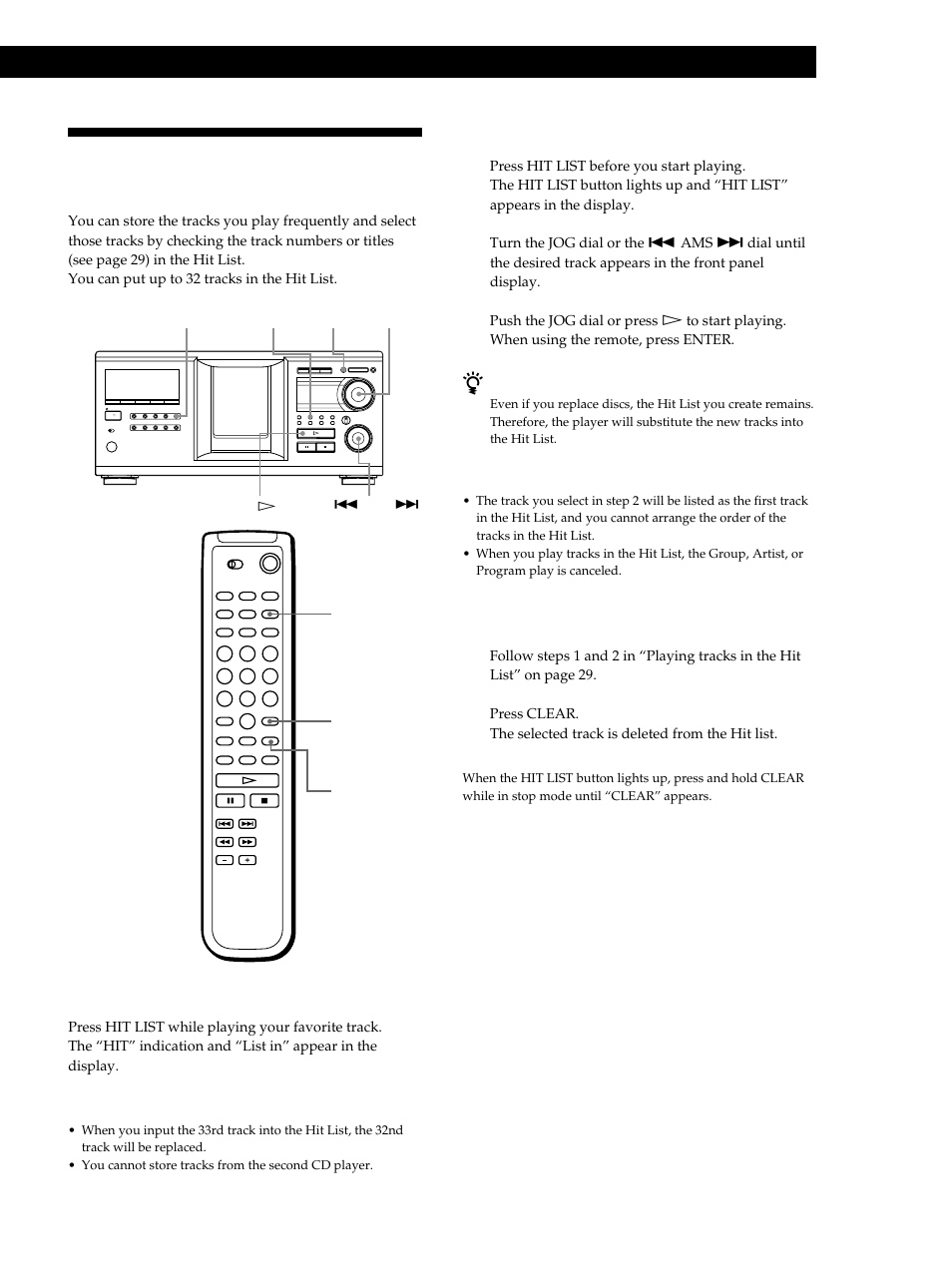 Storing your favorite tracks (hit list), Storing information about cds (custom files), Putting tracks into the hit list | Playing tracks in the hit list 1, Deleting tracks from the hit list 1 | Sony CDP-M333ES User Manual | Page 29 / 36