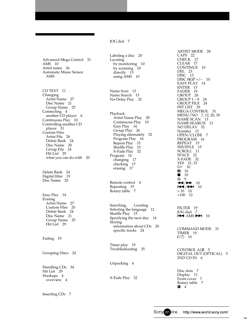Index | Sony CDP-M333ES User Manual | Page 36 / 36