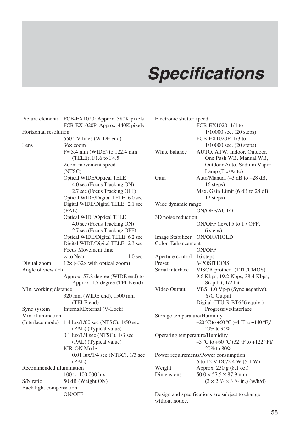 Specifications | Sony FCB-EX1020 User Manual | Page 58 / 67