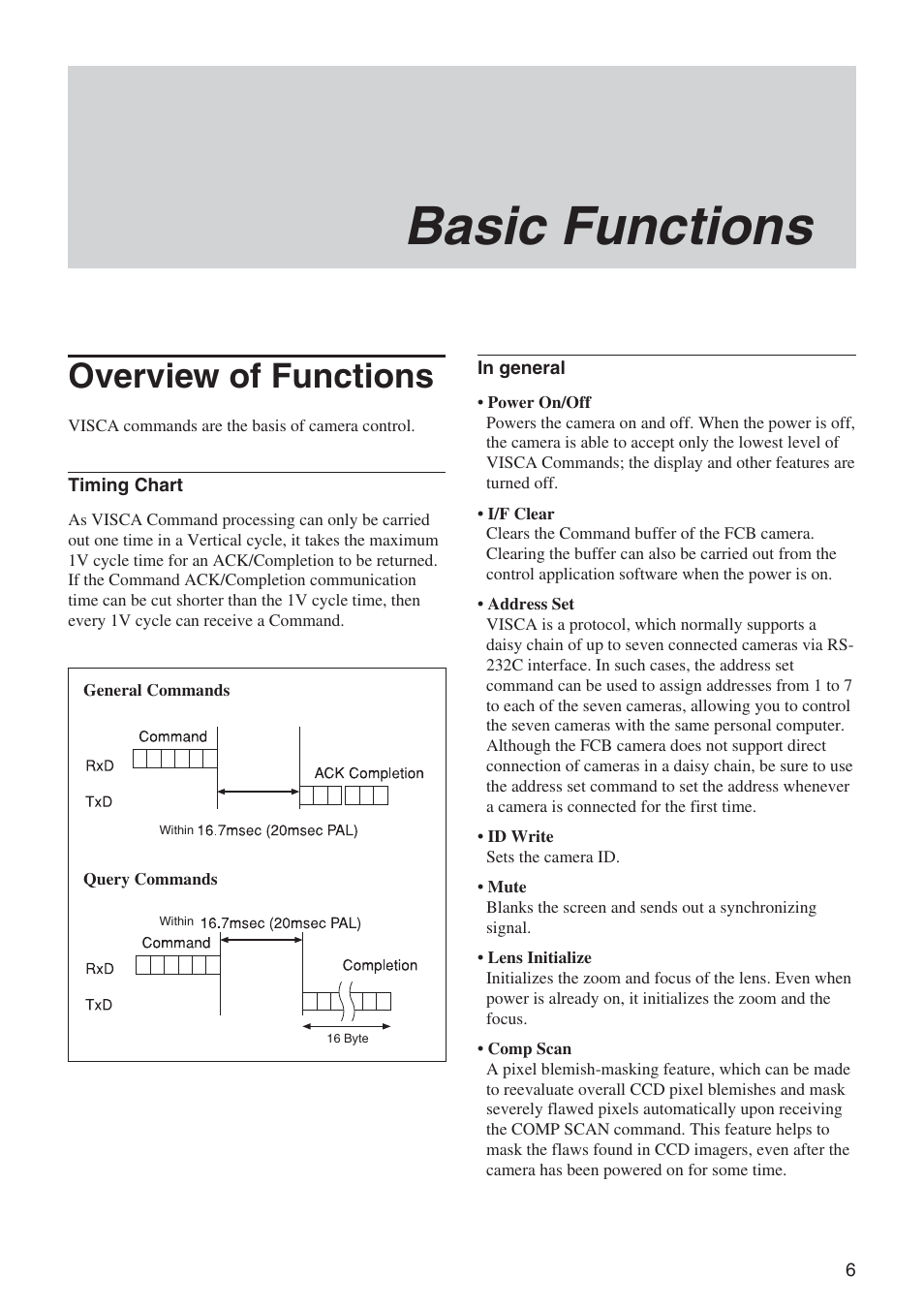 Basic functions, Overview of functions | Sony FCB-EX1020 User Manual | Page 6 / 67