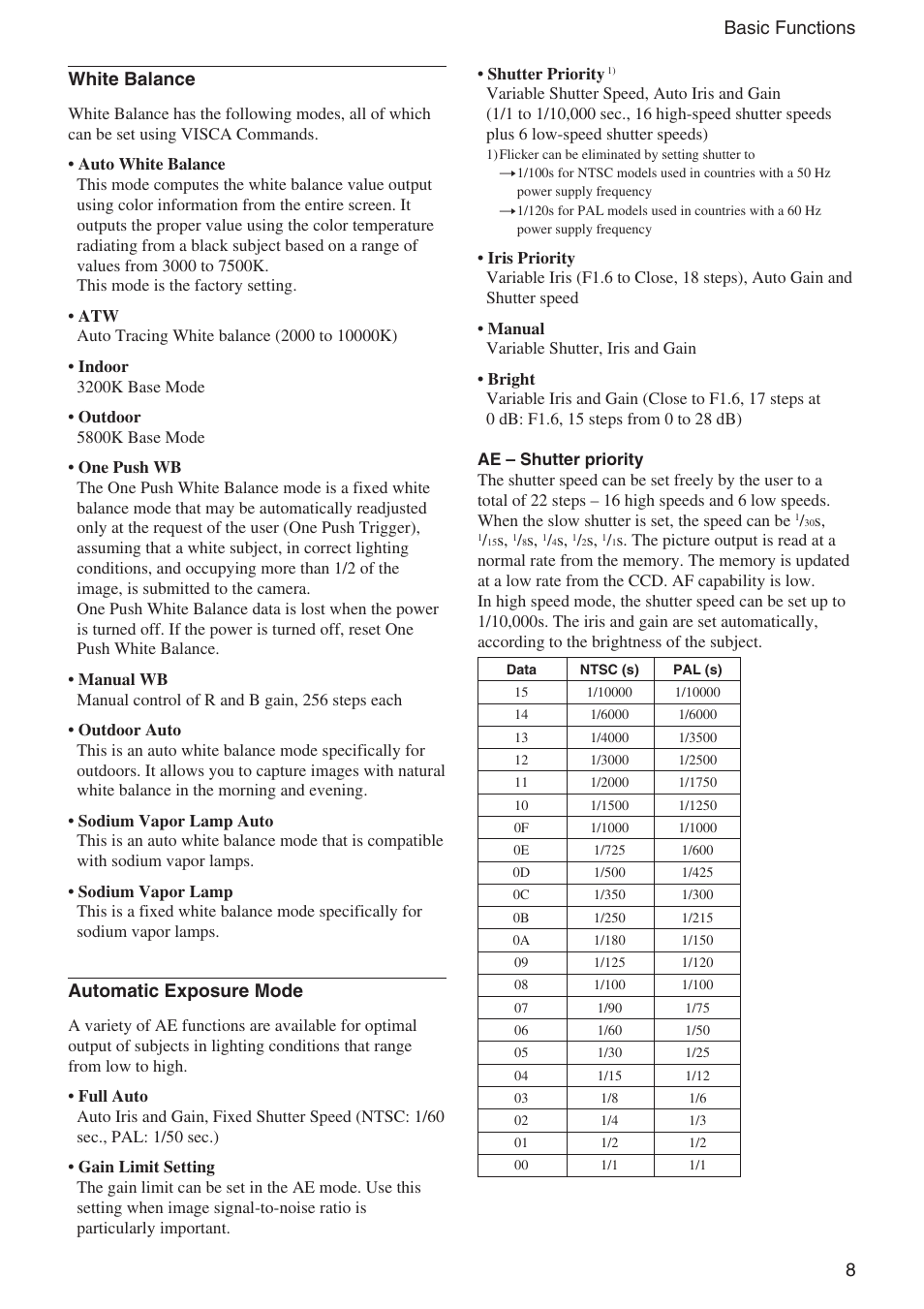 8basic functions white balance, Automatic exposure mode | Sony FCB-EX1020 User Manual | Page 8 / 67