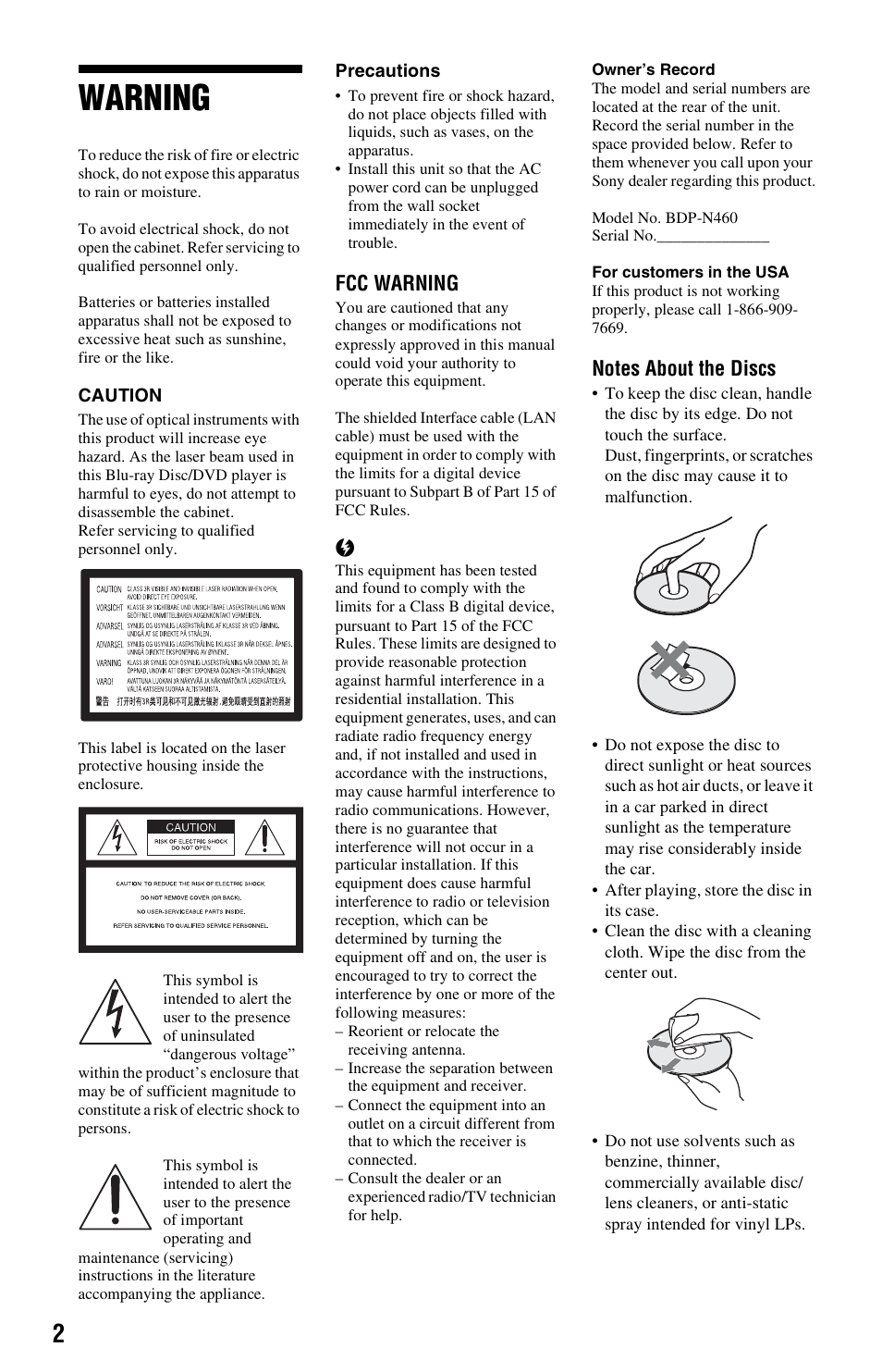 Warning, Fcc warning | Sony BDP-N460 User Manual | Page 2 / 71