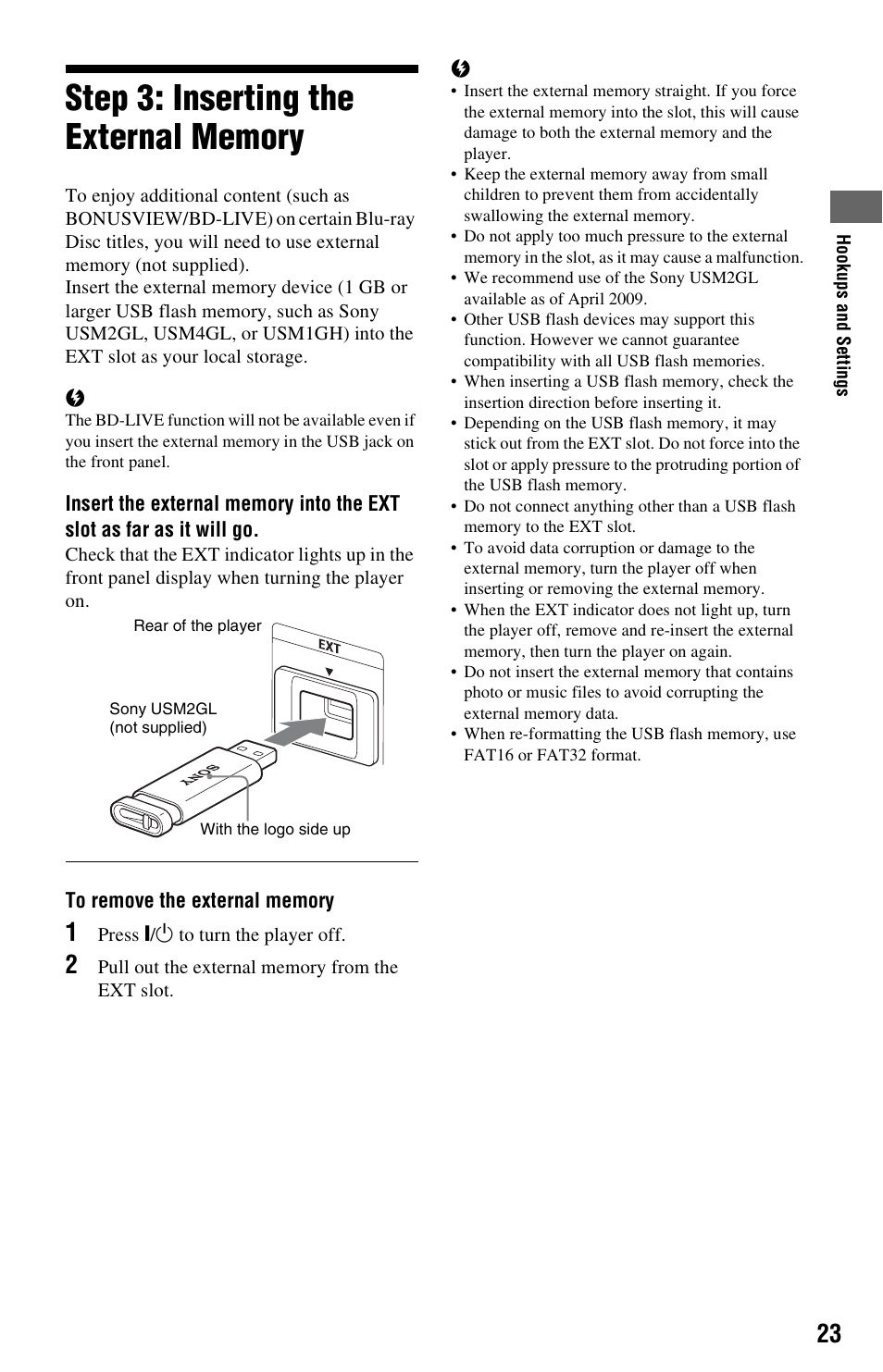 Step 3: inserting the external memory | Sony BDP-N460 User Manual | Page 23 / 71