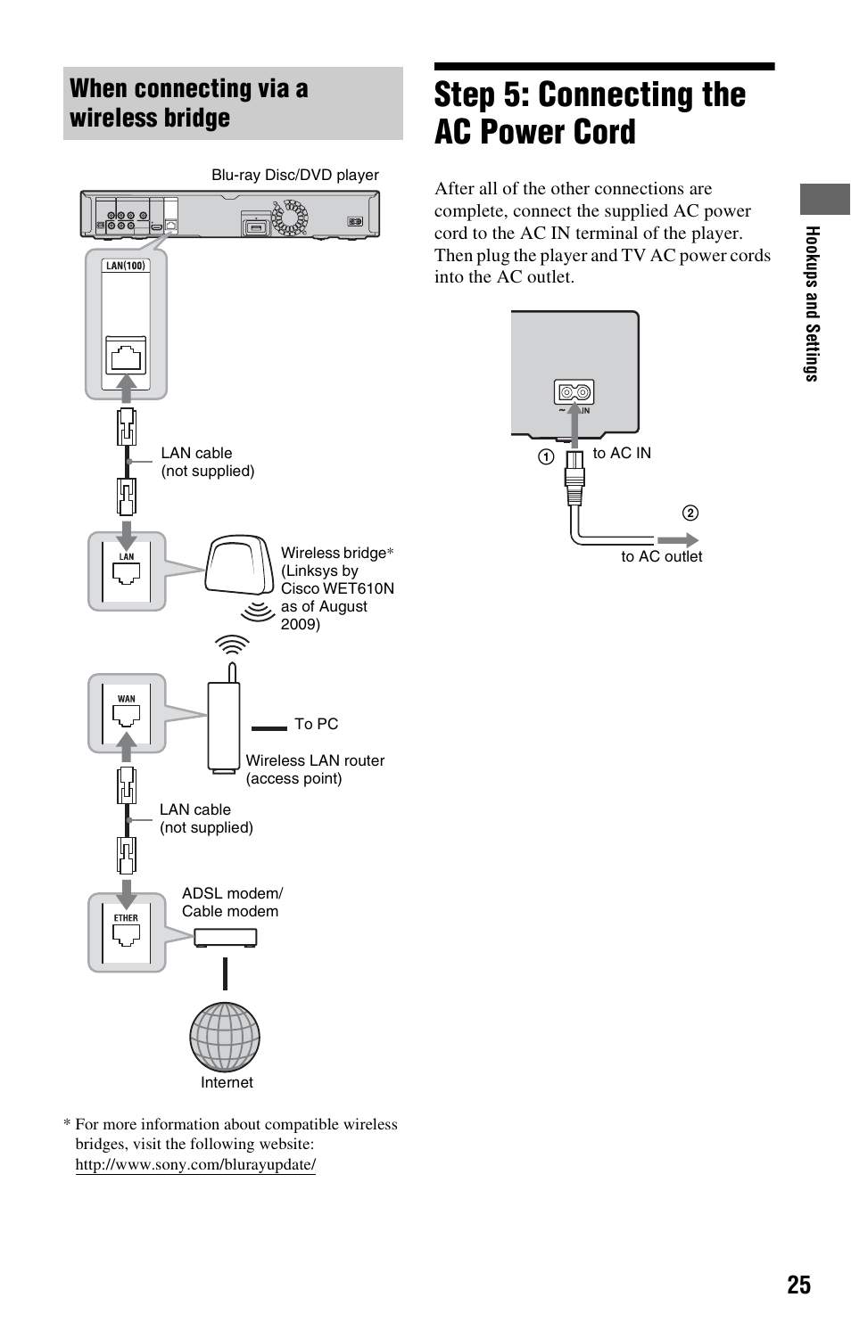 When connecting via a wireless bridge, Step 5: connecting the ac power cord | Sony BDP-N460 User Manual | Page 25 / 71