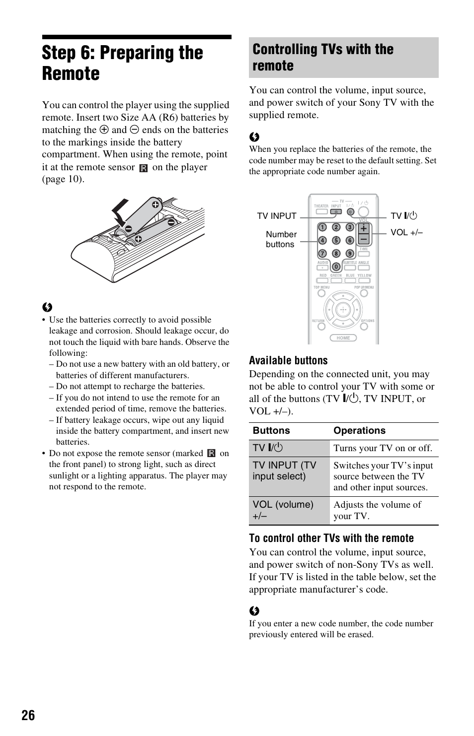 Step 6: preparing the remote, Controlling tvs with the remote | Sony BDP-N460 User Manual | Page 26 / 71