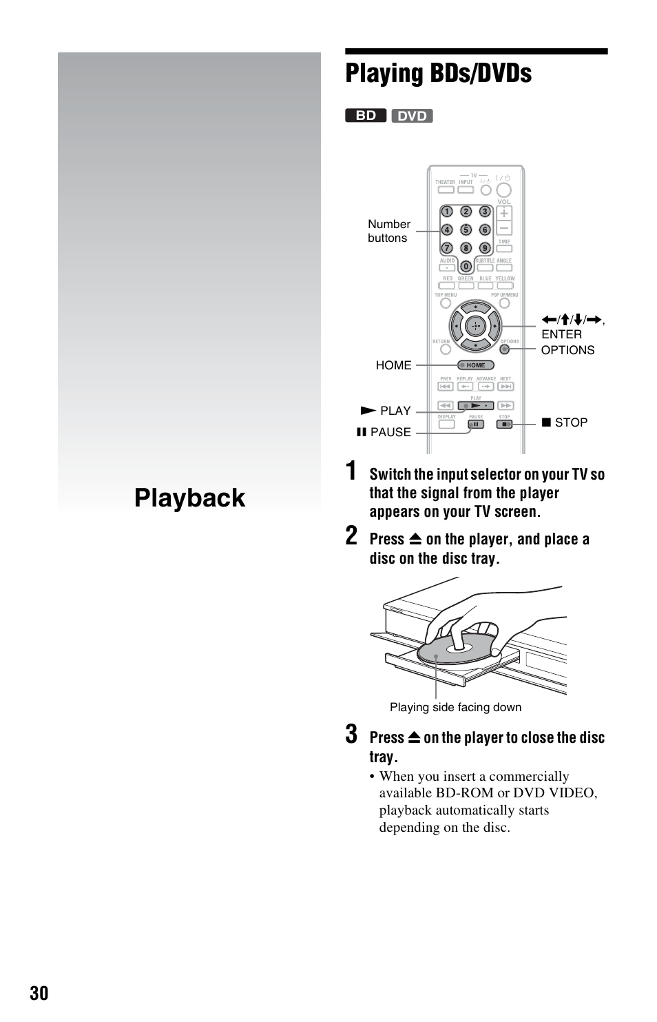 Playback, Playing bds/dvds, Playback playing bds/dvds 1 | Sony BDP-N460 User Manual | Page 30 / 71