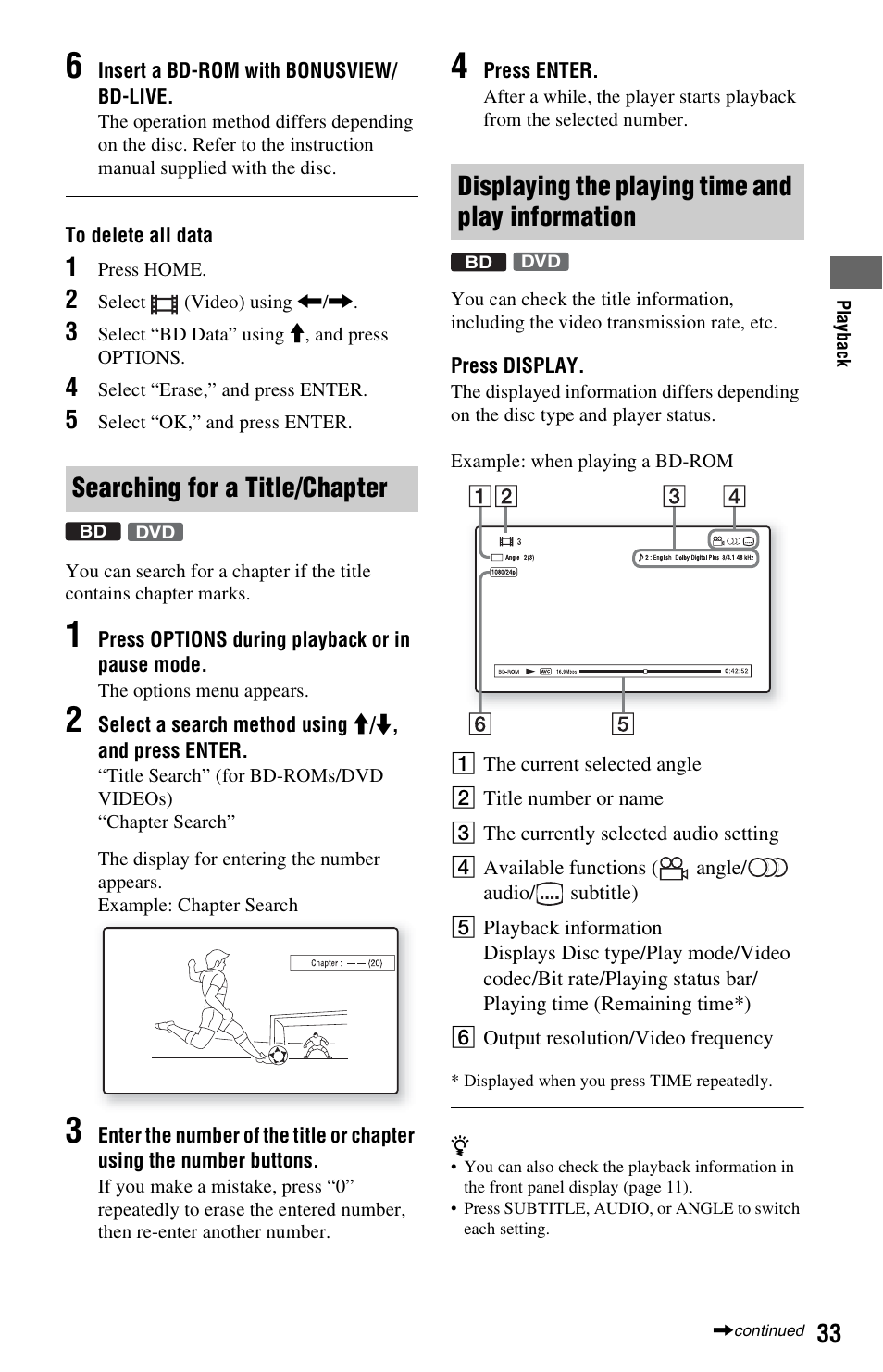 Searching for a title/chapter, Displaying the playing time and play information | Sony BDP-N460 User Manual | Page 33 / 71