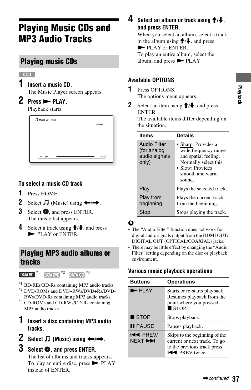Playing music cds and mp3 audio tracks, Playing music cds, Playing mp3 audio albums or tracks | Playing music cds and mp3 audio tracks 1 | Sony BDP-N460 User Manual | Page 37 / 71