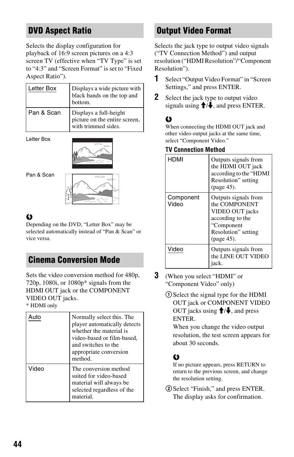 Dvd aspect ratio, Cinema conversion mode, Output video format | Sony BDP-N460 User Manual | Page 44 / 71