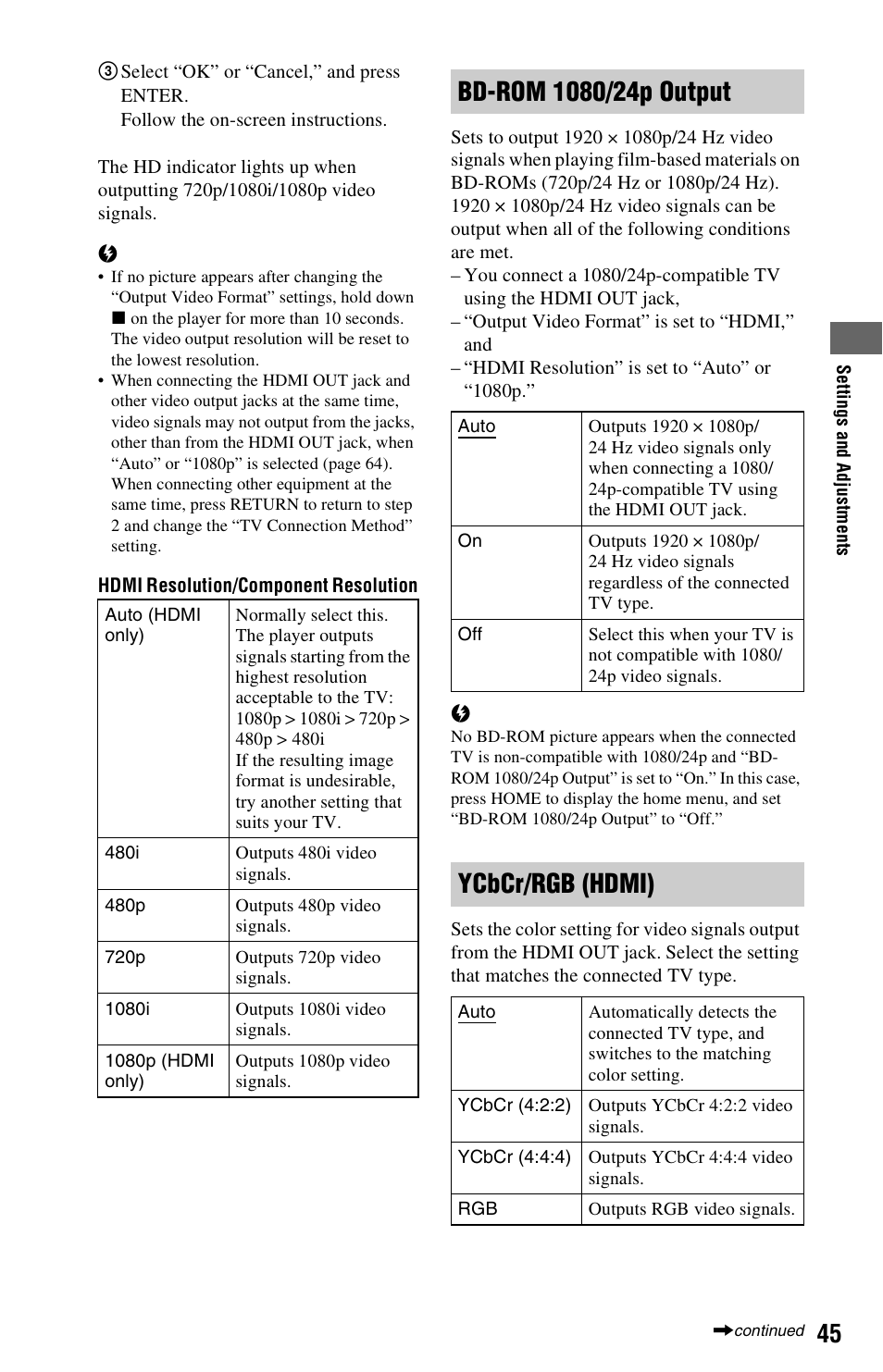 Ge 45, Ycbcr/rgb (hdmi) | Sony BDP-N460 User Manual | Page 45 / 71