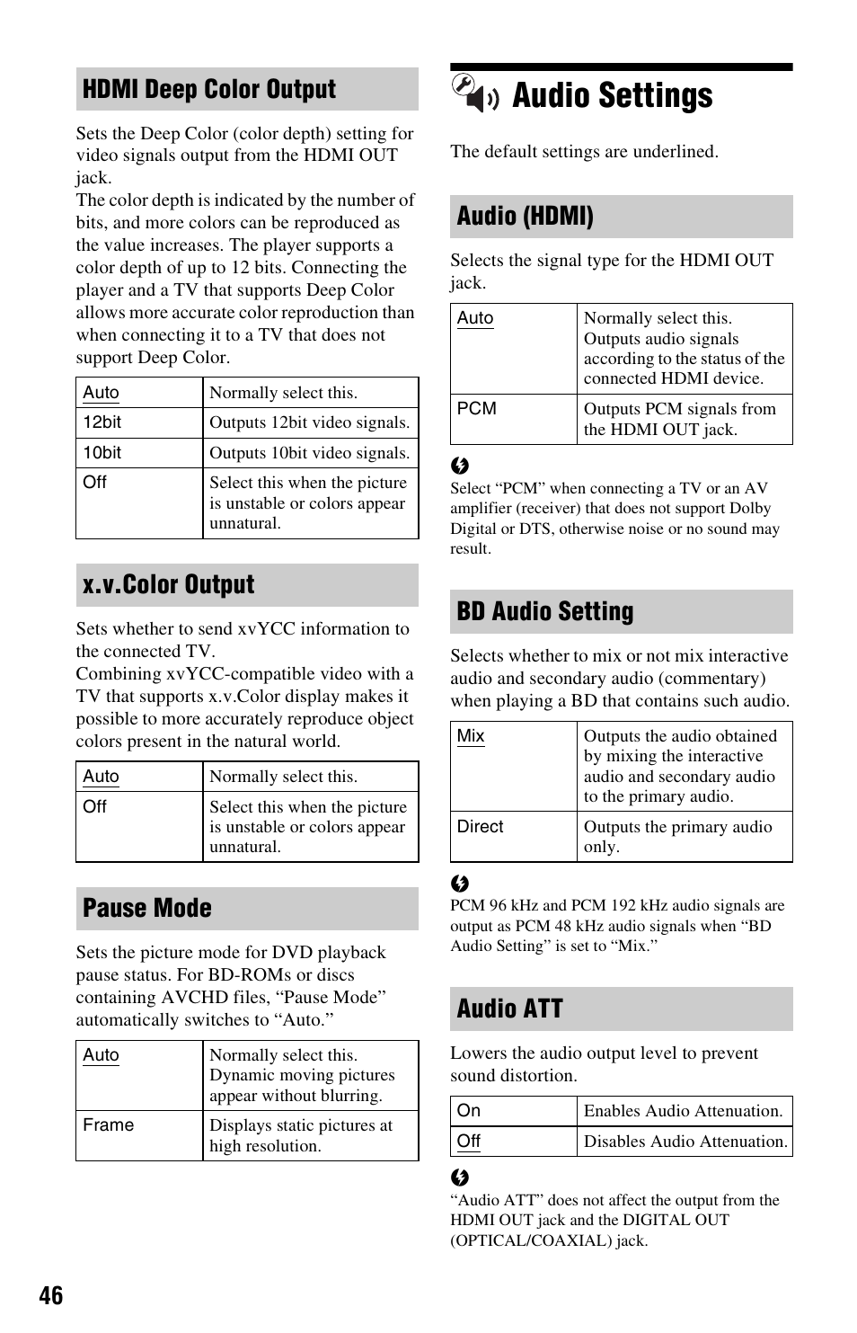 Audio settings, Hdmi deep color output, X.v.color output | Pause mode, Audio (hdmi), Bd audio setting, Audio att | Sony BDP-N460 User Manual | Page 46 / 71