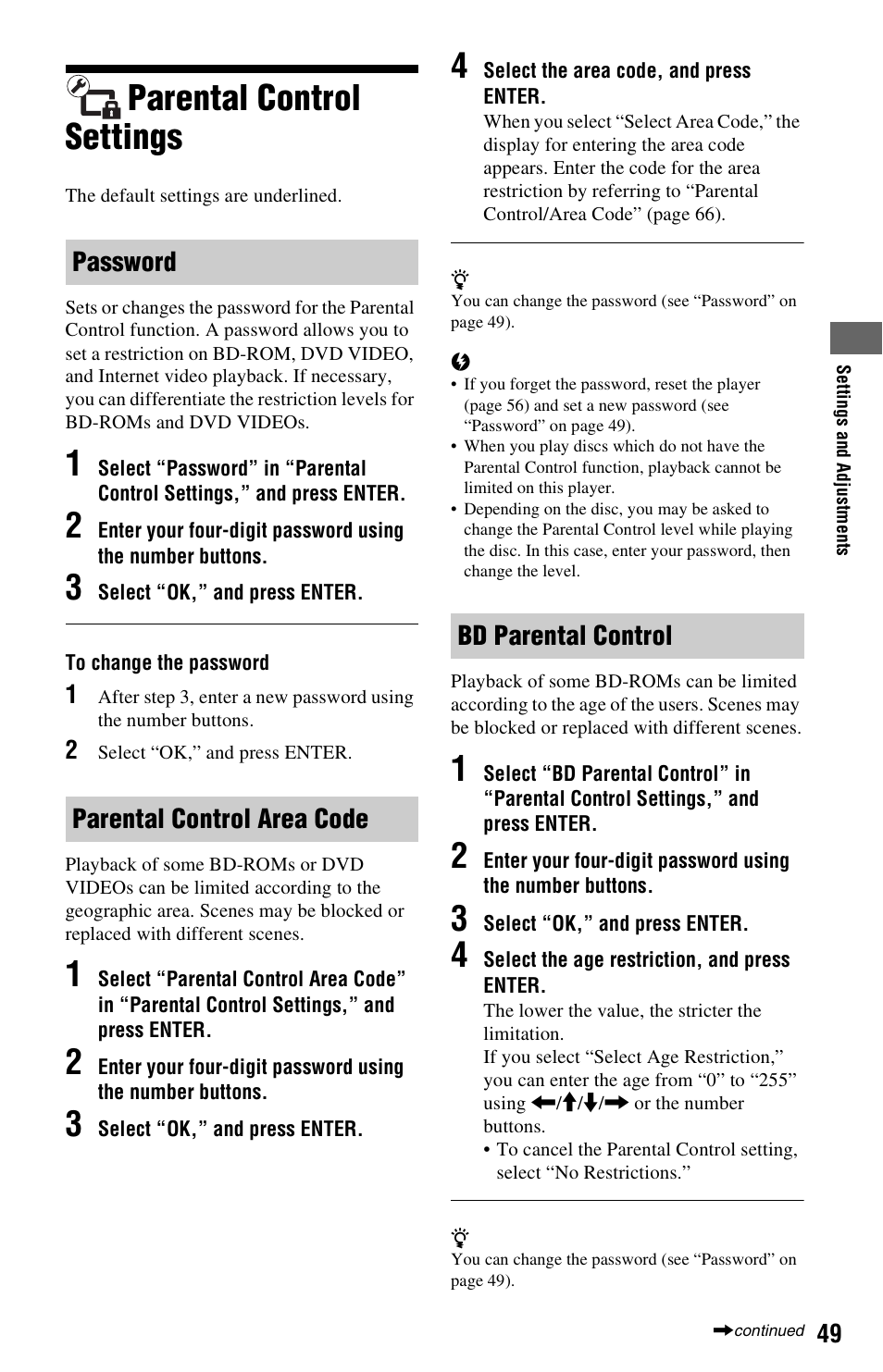 Parental control settings | Sony BDP-N460 User Manual | Page 49 / 71