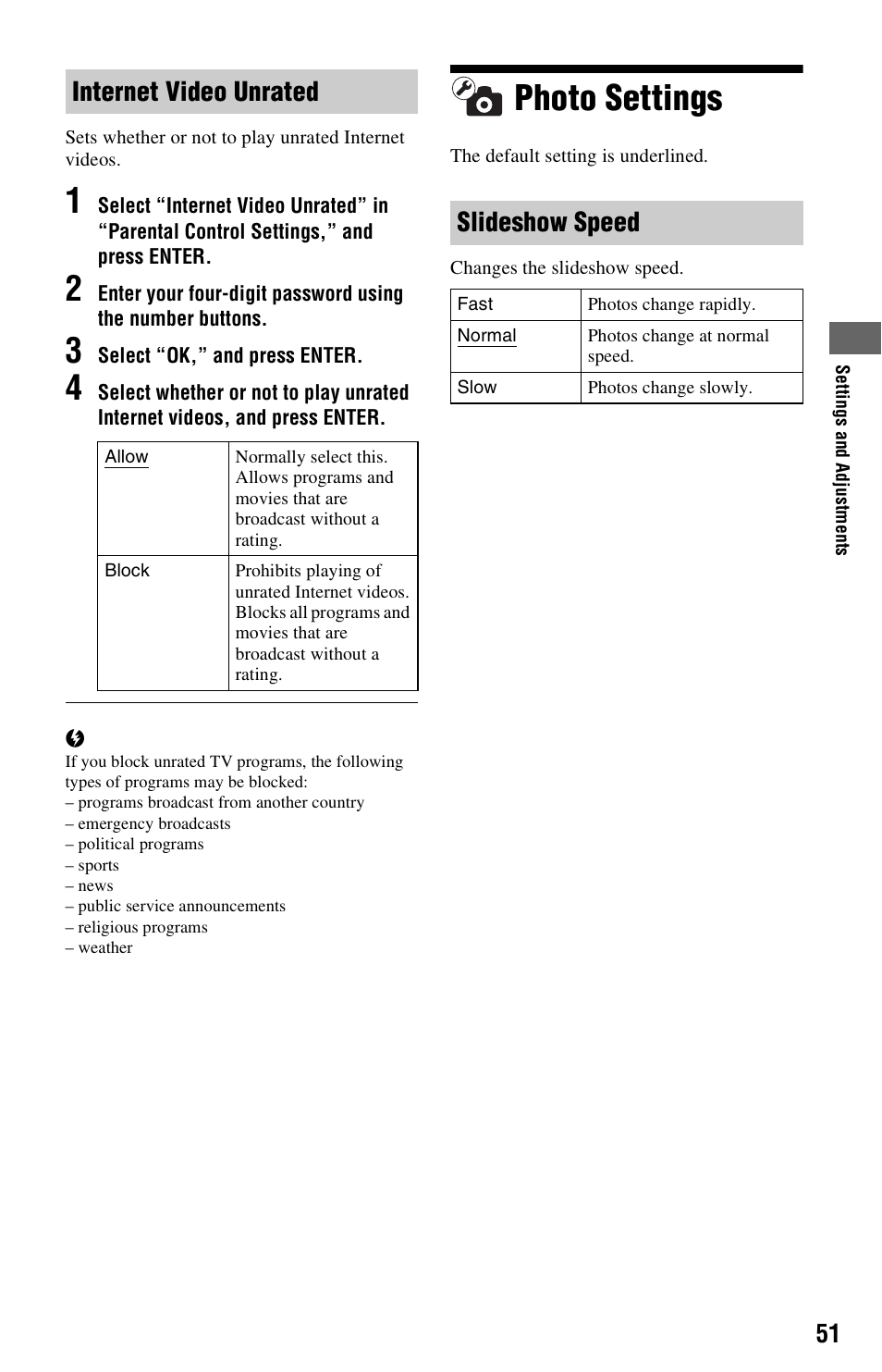 Photo settings, Internet video unrated, Slideshow speed | Sony BDP-N460 User Manual | Page 51 / 71