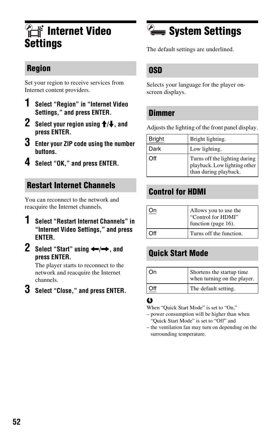 Internet video settings, System settings, Internet video settings system settings | Region restart internet channels osd dimmer, Control for hdmi, Quick start mode | Sony BDP-N460 User Manual | Page 52 / 71