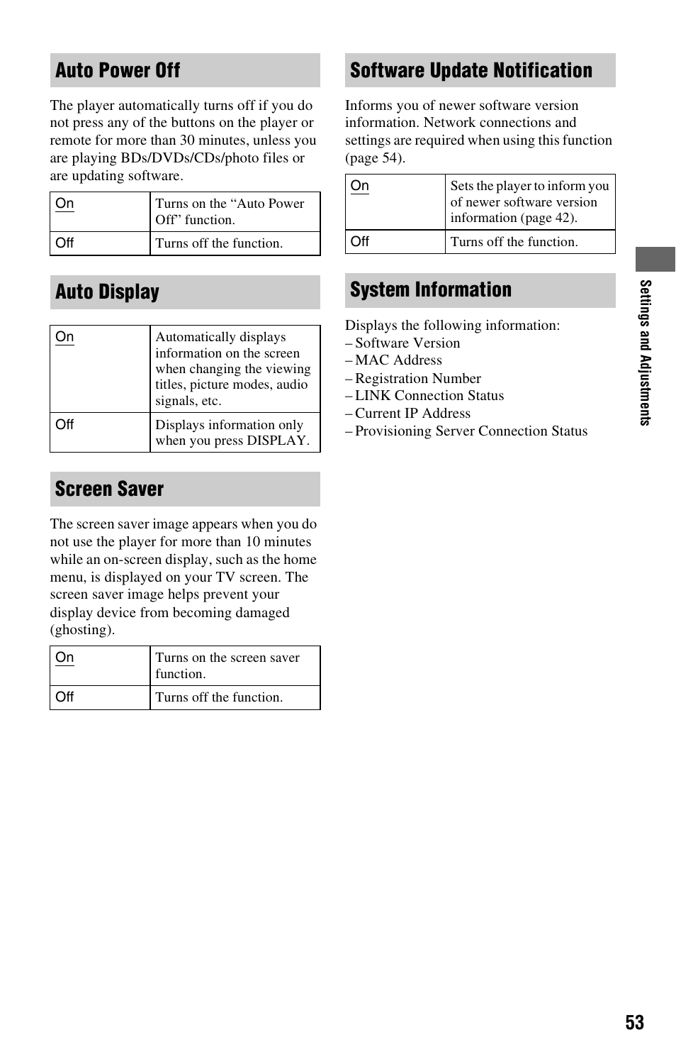 Auto power off, Auto display, Screen saver | Software update notification, System information | Sony BDP-N460 User Manual | Page 53 / 71