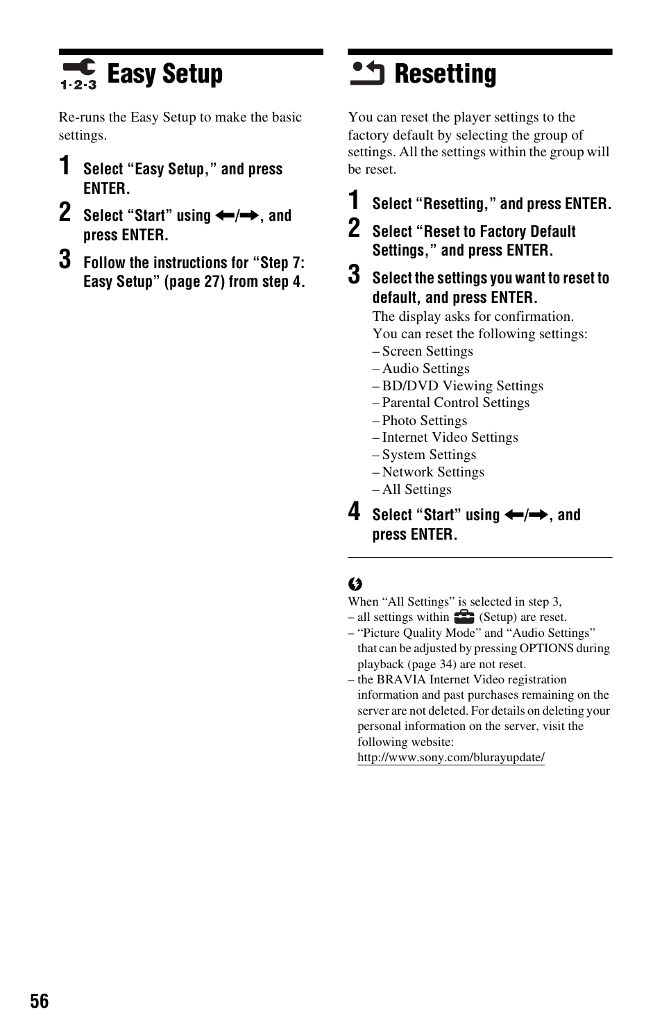 Easy setup, Resetting, Easy setup resetting | Sony BDP-N460 User Manual | Page 56 / 71