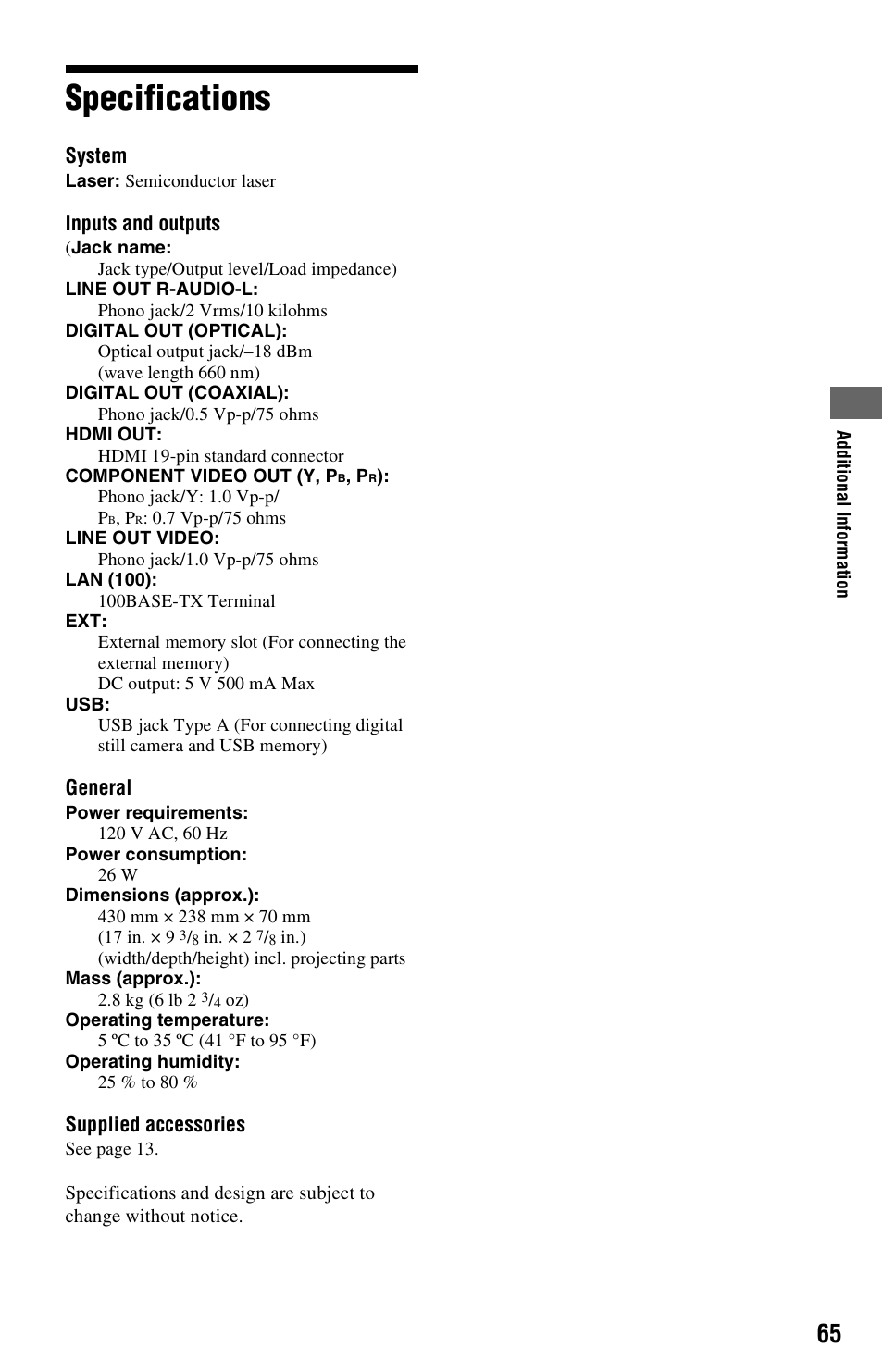 Specifications | Sony BDP-N460 User Manual | Page 65 / 71