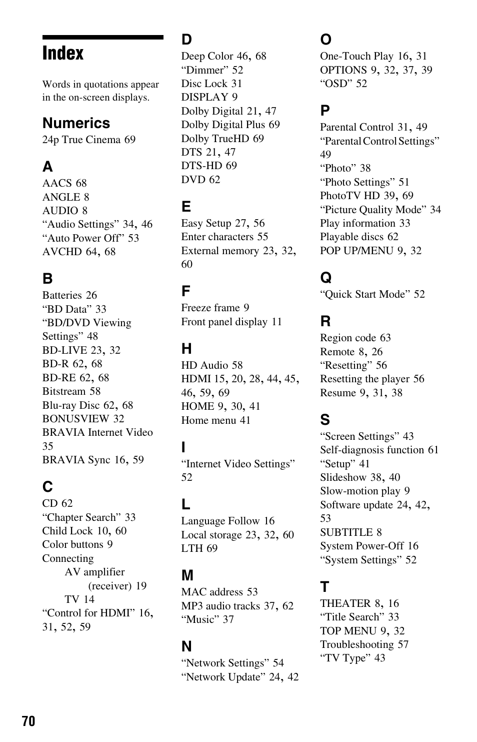 Index, Numerics | Sony BDP-N460 User Manual | Page 70 / 71