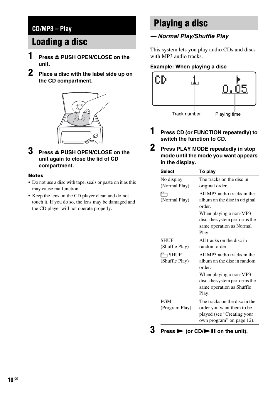 Cd/mp3 - play, Loading a disc, Playing a disc | Normal play/shuffle play, Cd/mp3 – play, Loading a disc playing a disc | Sony CMT-NEZ7DAB User Manual | Page 10 / 36