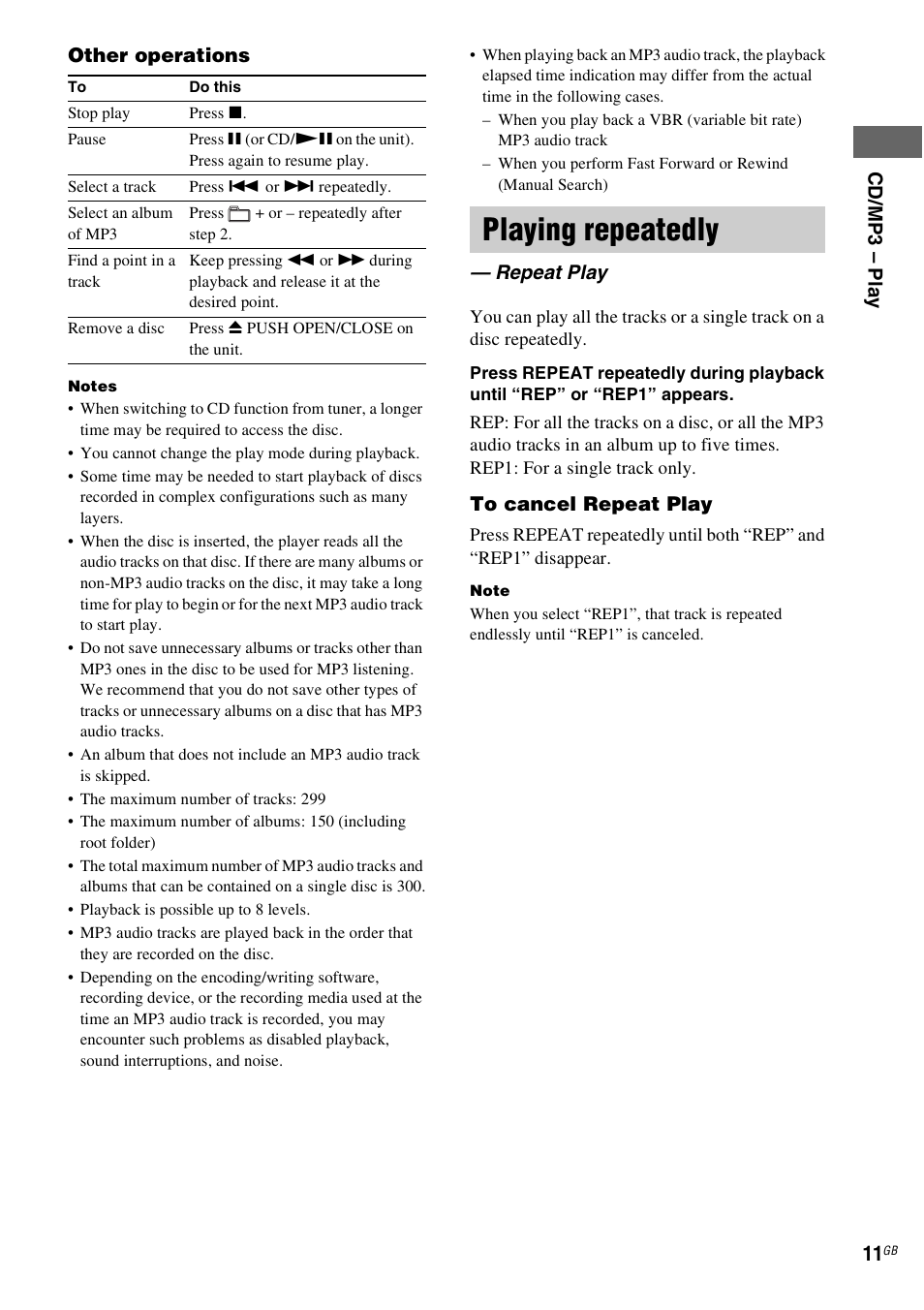 Playing repeatedly, Repeat play | Sony CMT-NEZ7DAB User Manual | Page 11 / 36