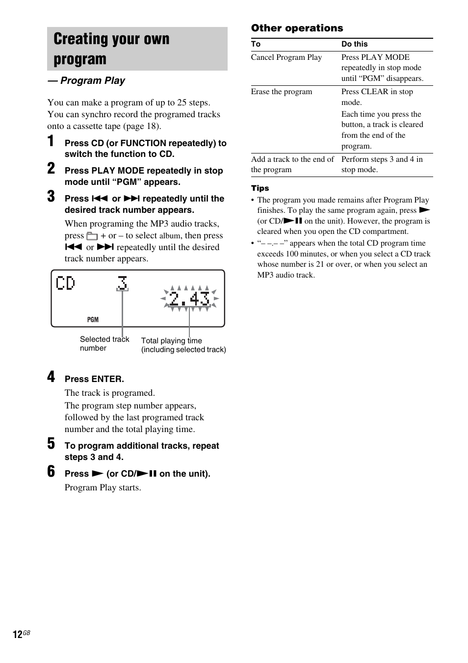 Creating your own program, Program play | Sony CMT-NEZ7DAB User Manual | Page 12 / 36