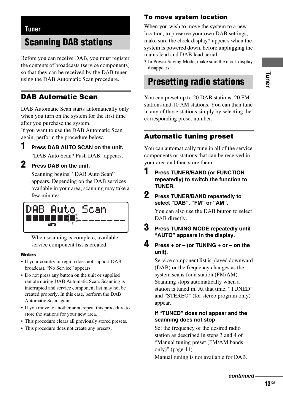 Tuner, Scanning dab stations, Presetting radio stations | Scanning dab stations presetting radio stations | Sony CMT-NEZ7DAB User Manual | Page 13 / 36