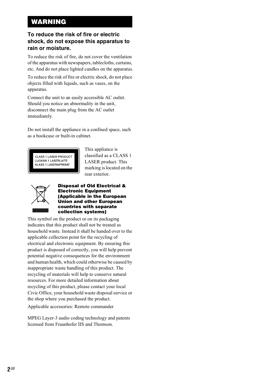 Warning | Sony CMT-NEZ7DAB User Manual | Page 2 / 36