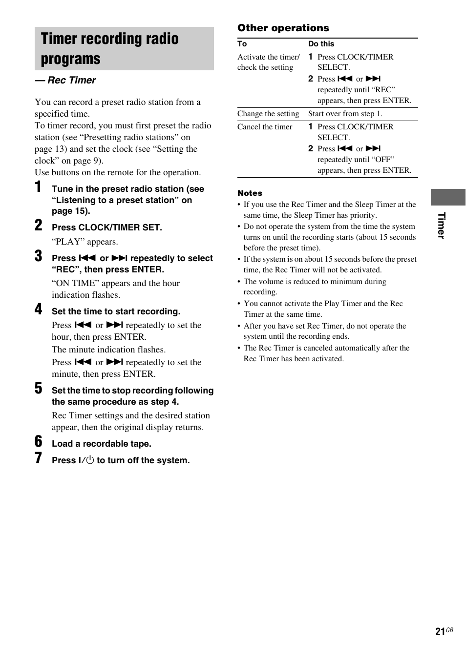 Timer recording radio programs, Rec timer | Sony CMT-NEZ7DAB User Manual | Page 21 / 36
