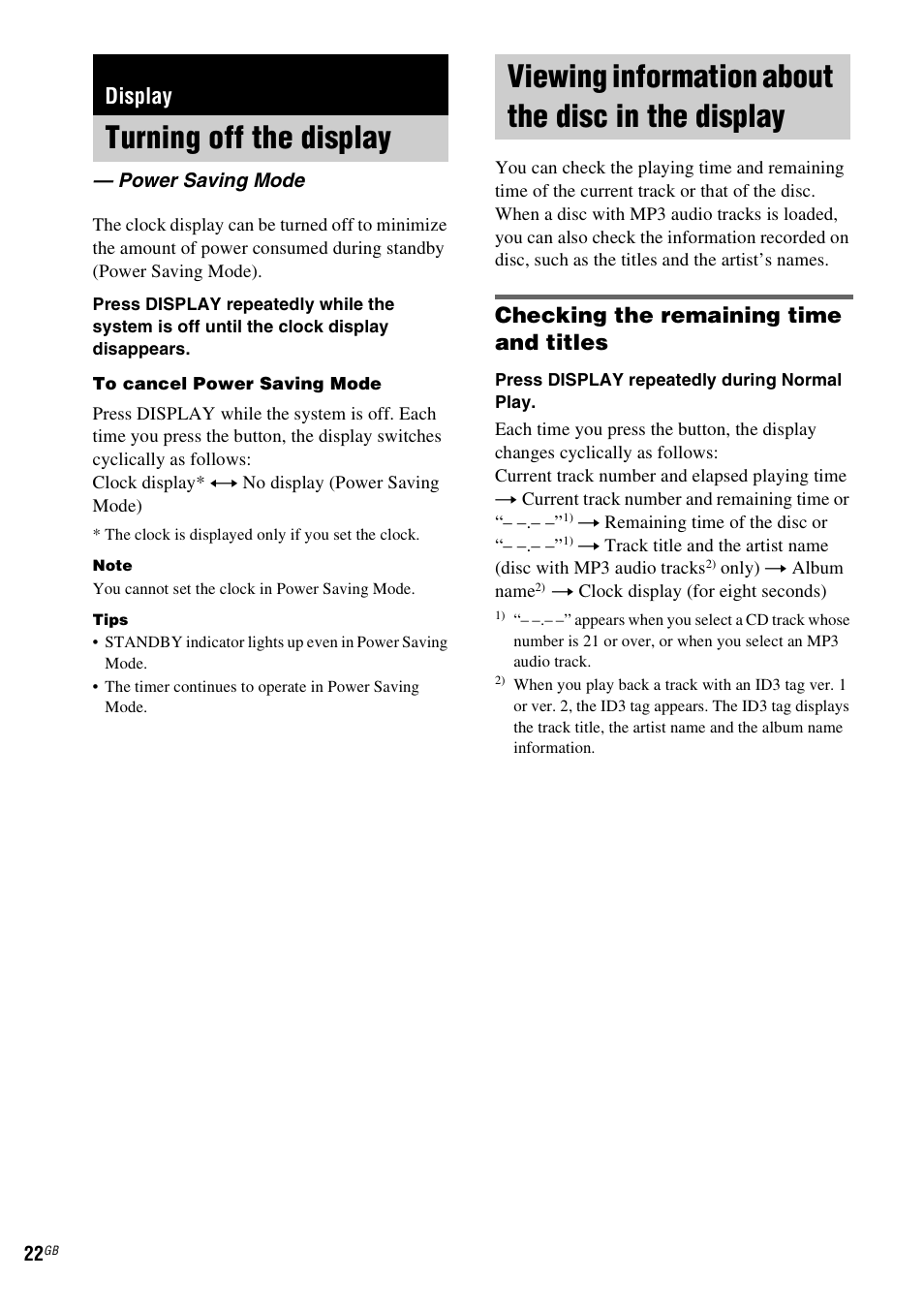 Display, Turning off the display, Power saving mode | Viewing information about the disc in the display, Viewing information about the disc in the, Checking the remaining time and titles | Sony CMT-NEZ7DAB User Manual | Page 22 / 36